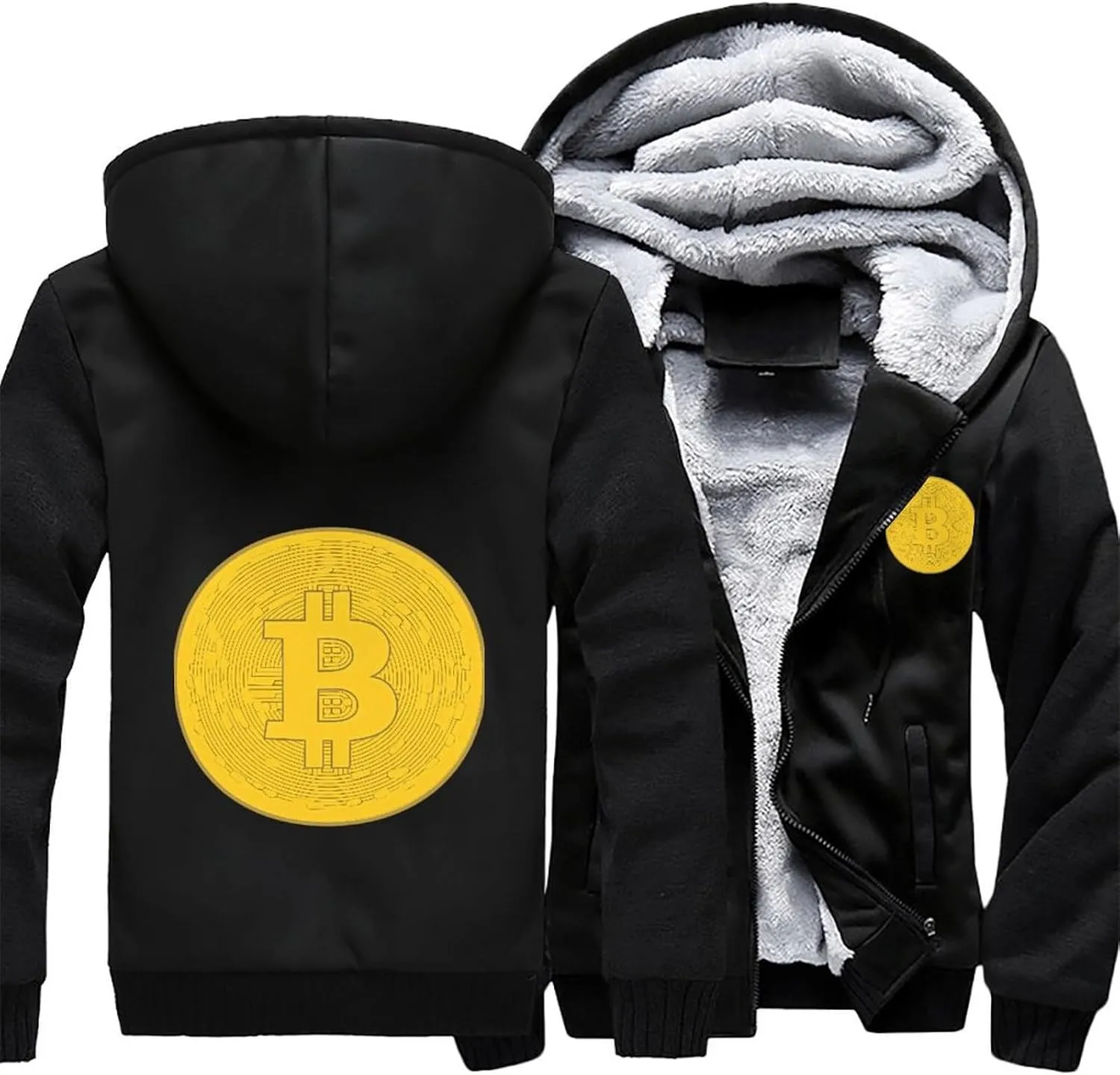 Bitcoin Prints Artwork Mens Hoodie Thick Heavyweight Winter Coat Full Zippered Sweatshirt Casual Jackets