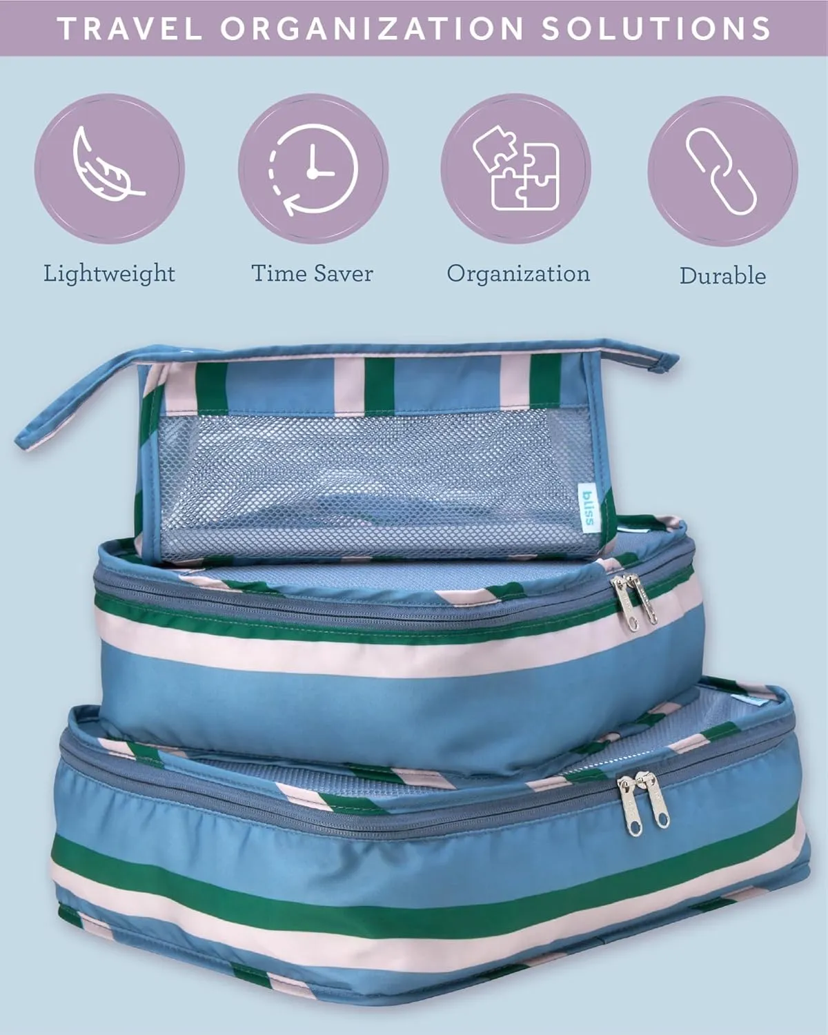Bliss Travel Packing Cubes - 3 Pack/4 Pack/5 Pack Compact Suitcase Organizer, Durable Mesh Front Travel Cubes for Packing, Organizer Bags for Clothes, Toiletries, Cosmetics, Laundry, 4PC Denim Blue