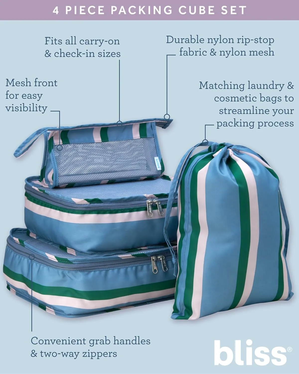 Bliss Travel Packing Cubes - 3 Pack/4 Pack/5 Pack Compact Suitcase Organizer, Durable Mesh Front Travel Cubes for Packing, Organizer Bags for Clothes, Toiletries, Cosmetics, Laundry, 4PC Denim Blue