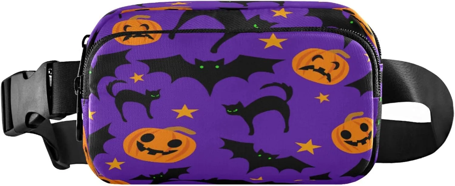 Boccsty Pumpkin Halloween Belt Bag for Women Men Bat Cats Dark Blue Fanny Pack Small Waist Pouch Crossbody Bags for Outdoor Hiking Running Travel