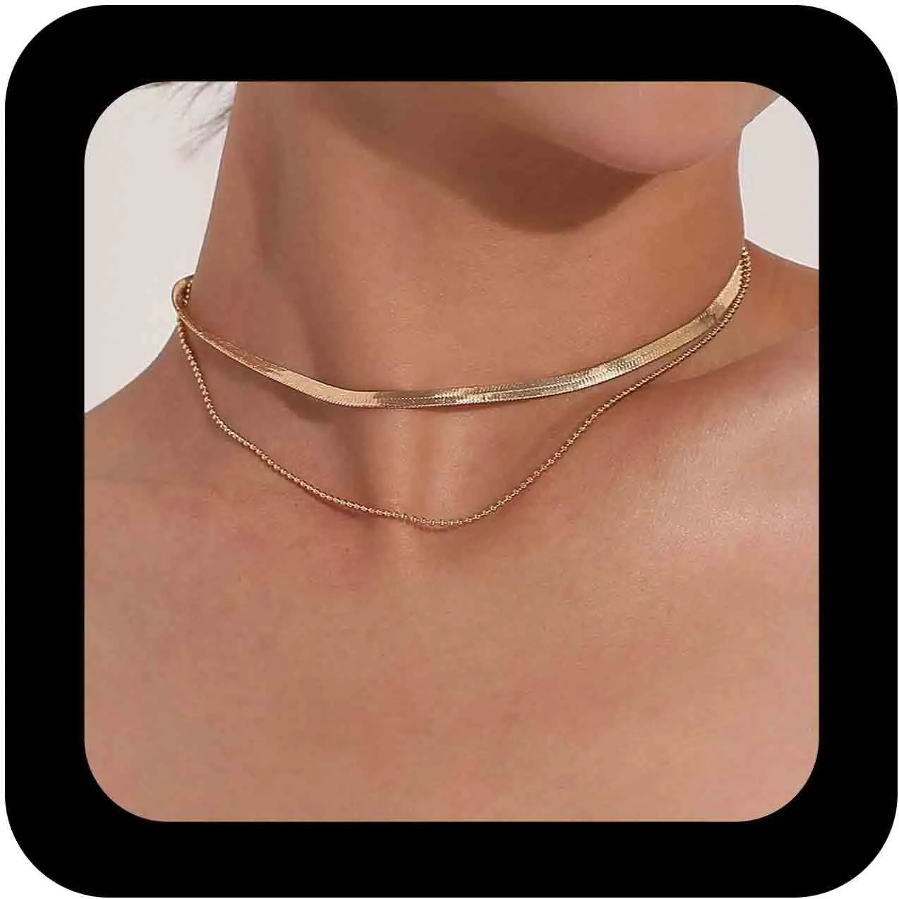 Bohemian Layered Snake Chain Necklace Gold Station Bead Choker Necklace Metal Herringbone Link Necklaces Flat Snake Bone Chain Necklaces Jewelry for Women