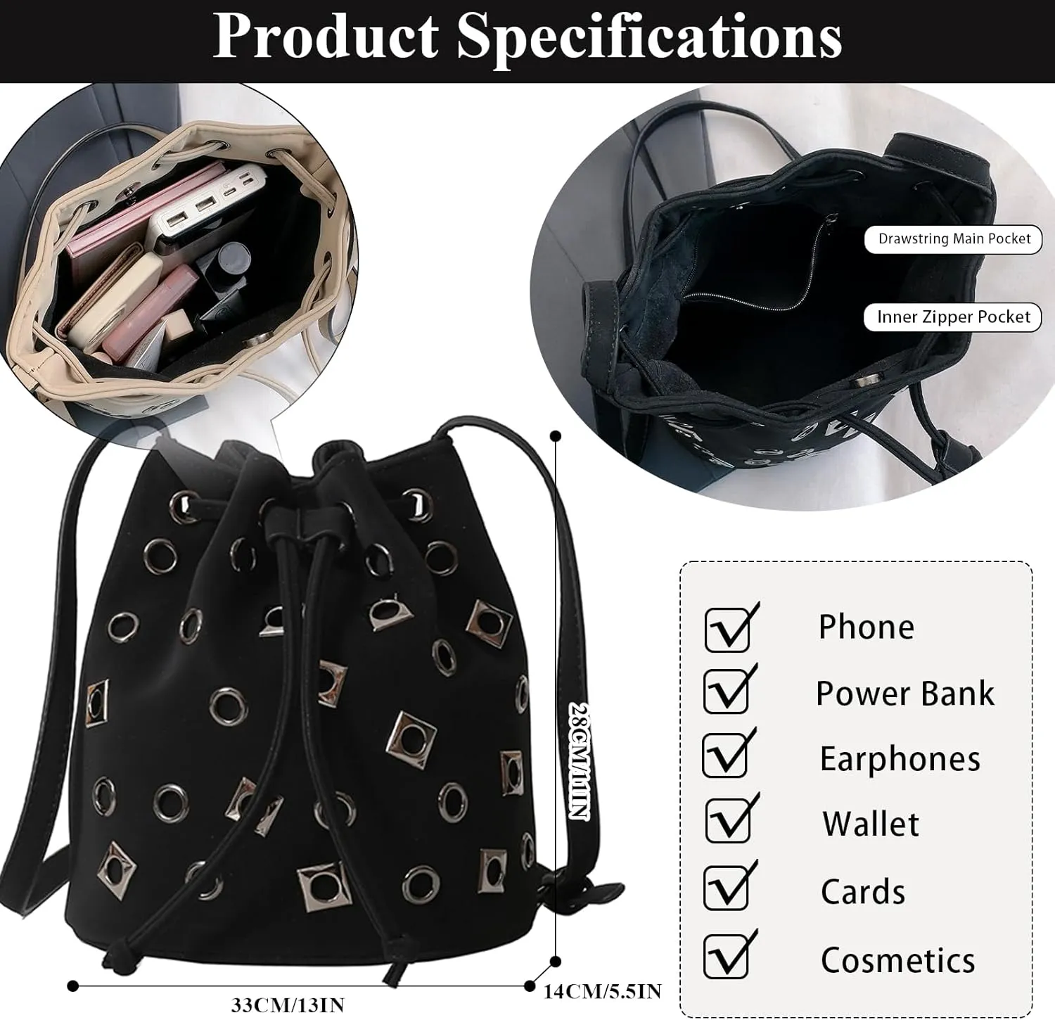 Bucket Bags for Women, Studded Purse Mini Leather Hobo Bag Y2K Trendy Studded Crossbody Bucket Handbags