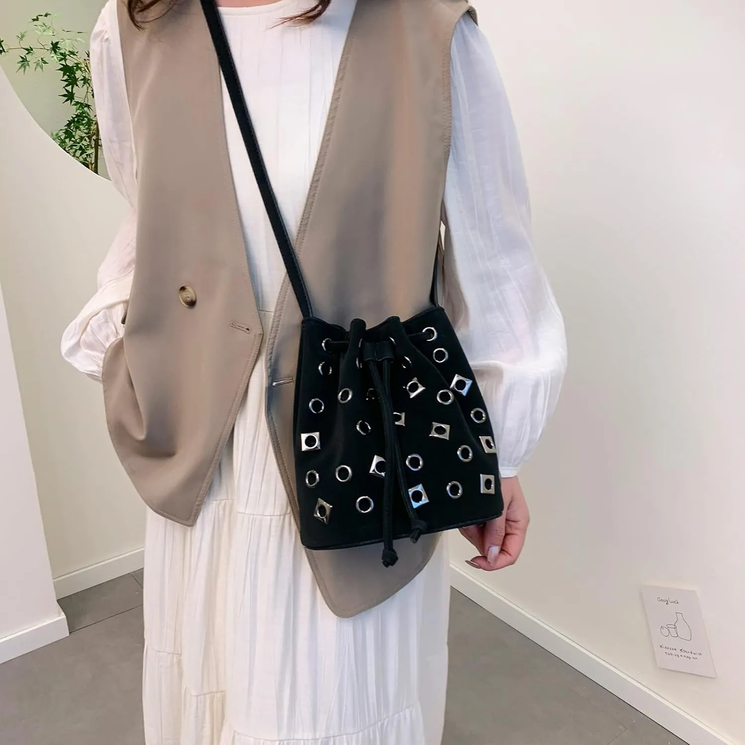 Bucket Bags for Women, Studded Purse Mini Leather Hobo Bag Y2K Trendy Studded Crossbody Bucket Handbags