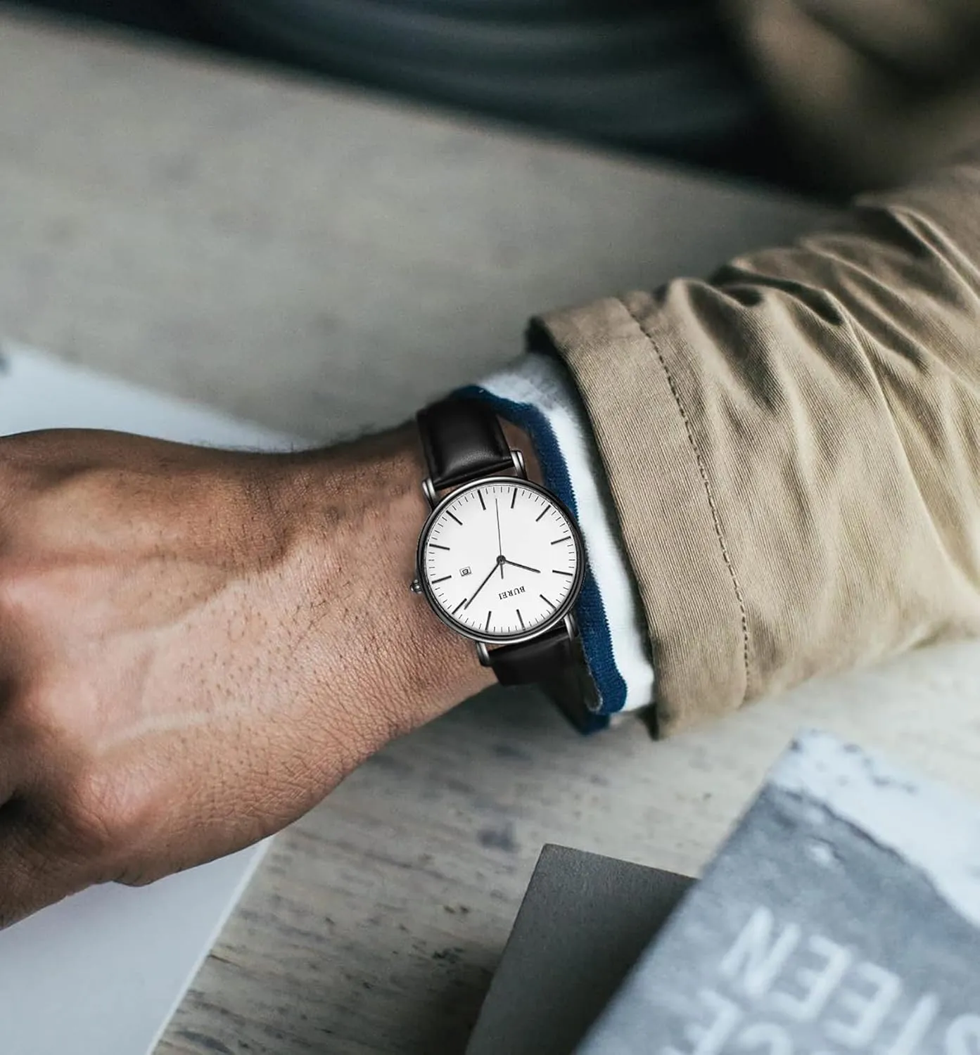 BUREI Men Watches Brown Leather Fashion Minimalist Wrist Watch Simple Ultra Thin Waterproof Quartz Watches All Black Stainless Steel Mesh Band,Gift for Men Women