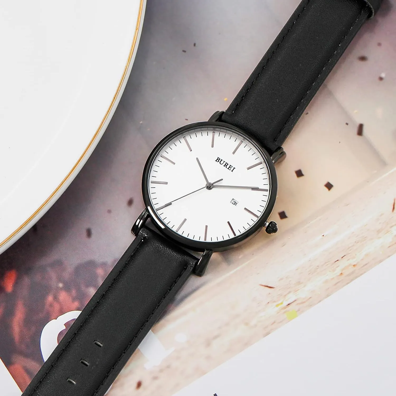 BUREI Men Watches Brown Leather Fashion Minimalist Wrist Watch Simple Ultra Thin Waterproof Quartz Watches All Black Stainless Steel Mesh Band,Gift for Men Women