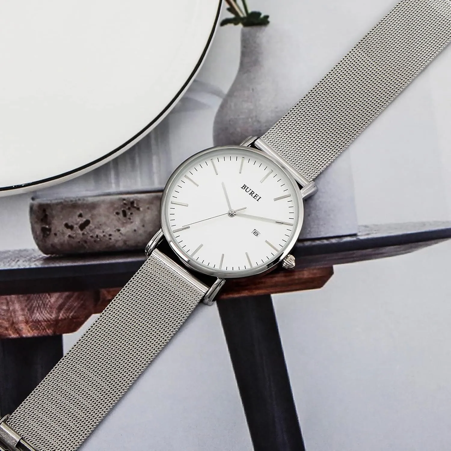 BUREI Men Watches Brown Leather Fashion Minimalist Wrist Watch Simple Ultra Thin Waterproof Quartz Watches All Black Stainless Steel Mesh Band,Gift for Men Women