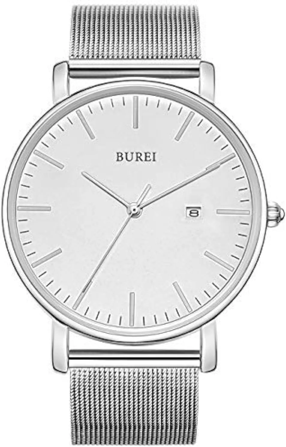 BUREI Men Watches Brown Leather Fashion Minimalist Wrist Watch Simple Ultra Thin Waterproof Quartz Watches All Black Stainless Steel Mesh Band,Gift for Men Women