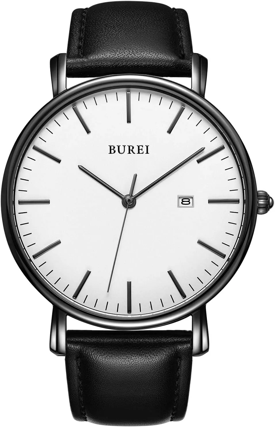 BUREI Men Watches Brown Leather Fashion Minimalist Wrist Watch Simple Ultra Thin Waterproof Quartz Watches All Black Stainless Steel Mesh Band,Gift for Men Women