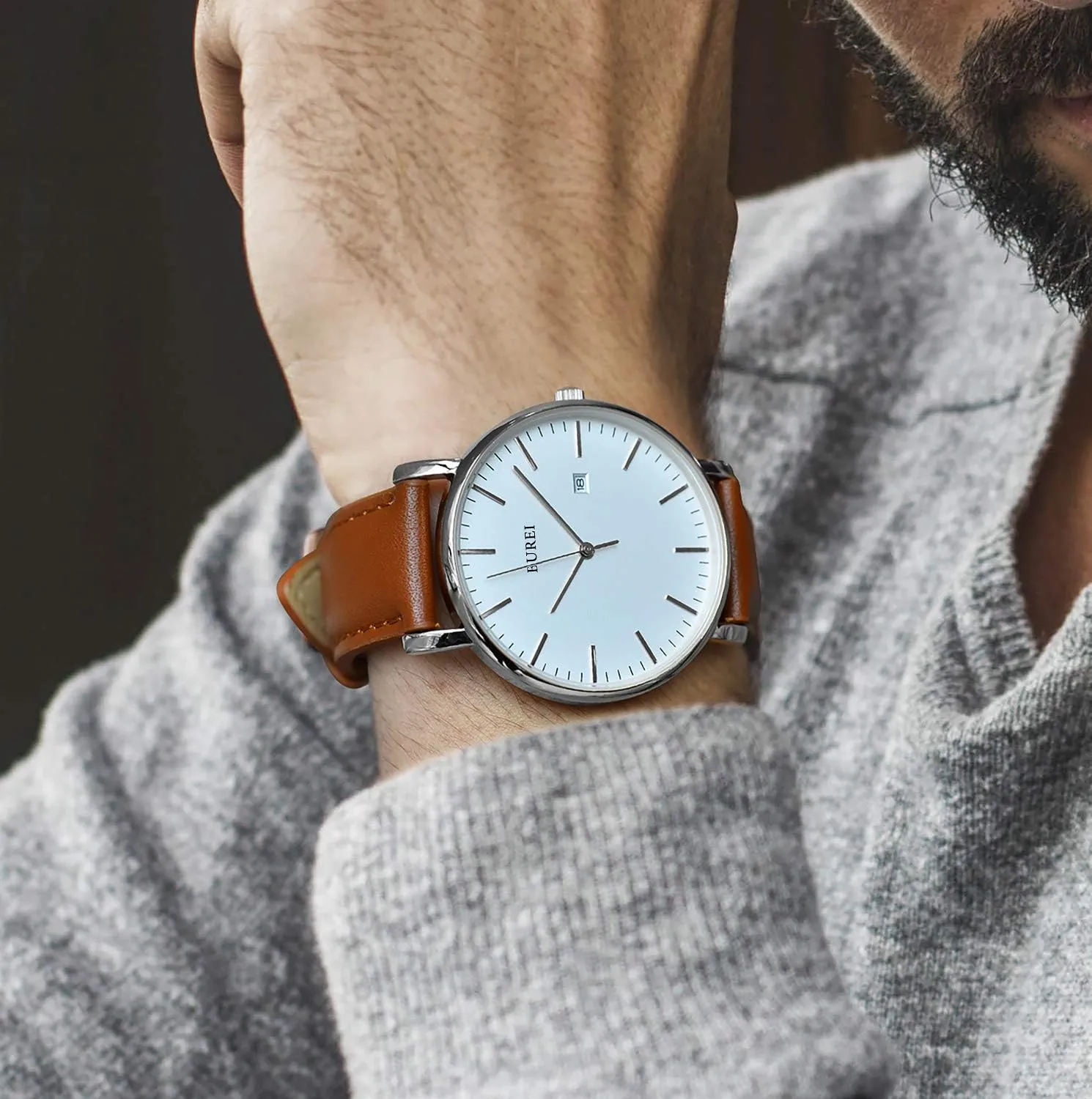 BUREI Men Watches Brown Leather Fashion Minimalist Wrist Watch Simple Ultra Thin Waterproof Quartz Watches All Black Stainless Steel Mesh Band,Gift for Men Women
