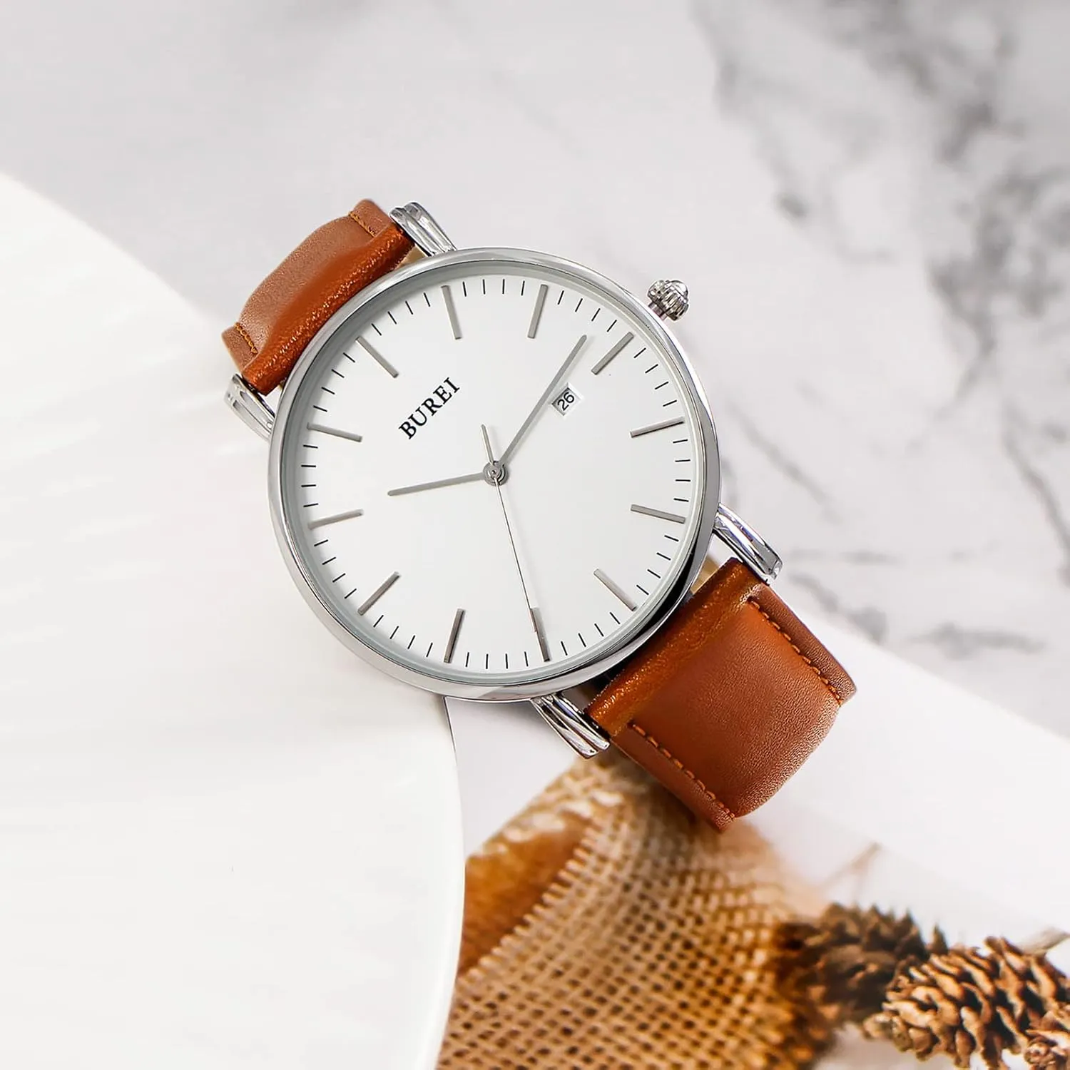 BUREI Men Watches Brown Leather Fashion Minimalist Wrist Watch Simple Ultra Thin Waterproof Quartz Watches All Black Stainless Steel Mesh Band,Gift for Men Women