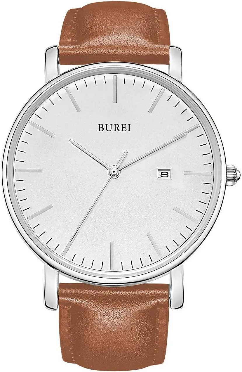 BUREI Men Watches Brown Leather Fashion Minimalist Wrist Watch Simple Ultra Thin Waterproof Quartz Watches All Black Stainless Steel Mesh Band,Gift for Men Women