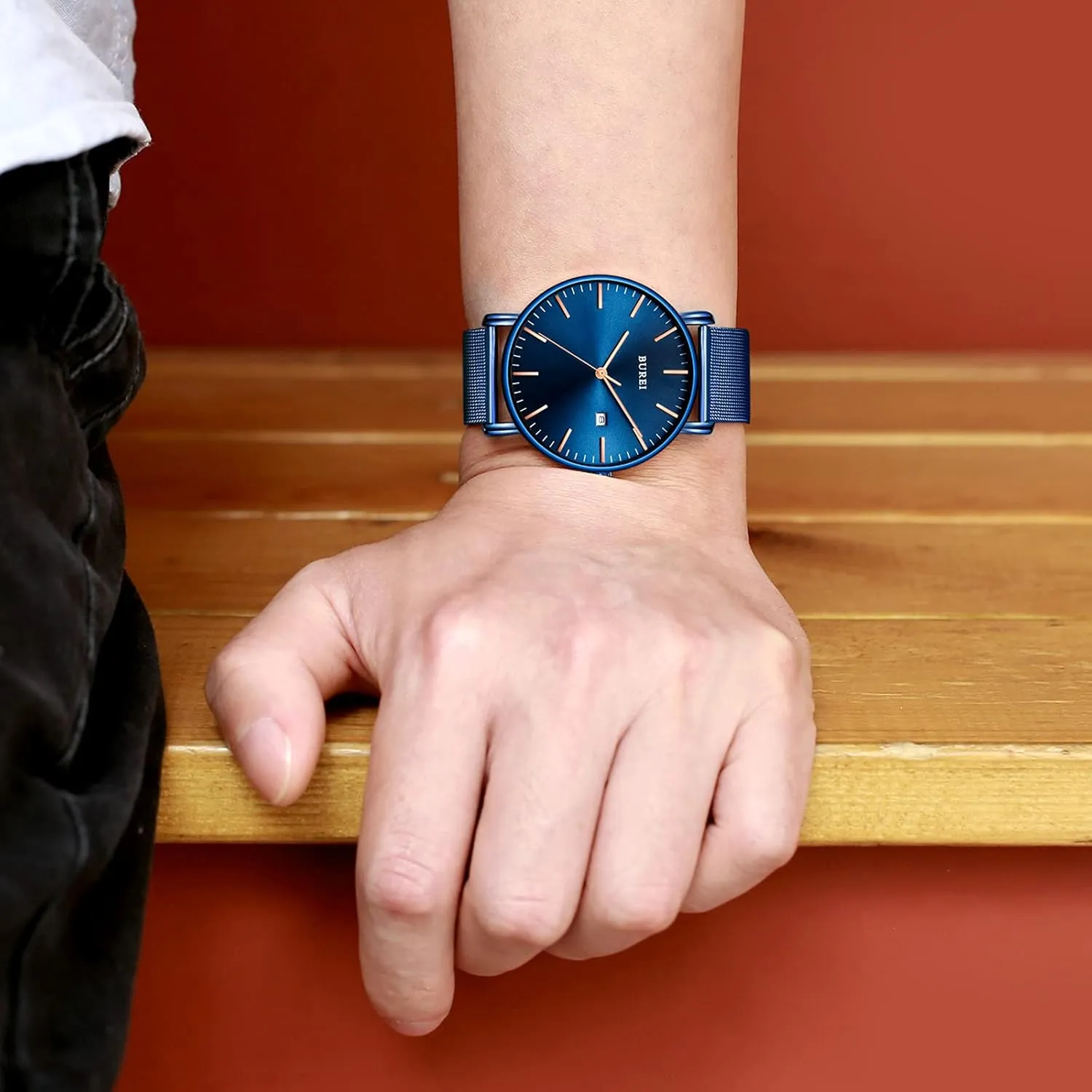 BUREI Men Watches Brown Leather Fashion Minimalist Wrist Watch Simple Ultra Thin Waterproof Quartz Watches All Black Stainless Steel Mesh Band,Gift for Men Women