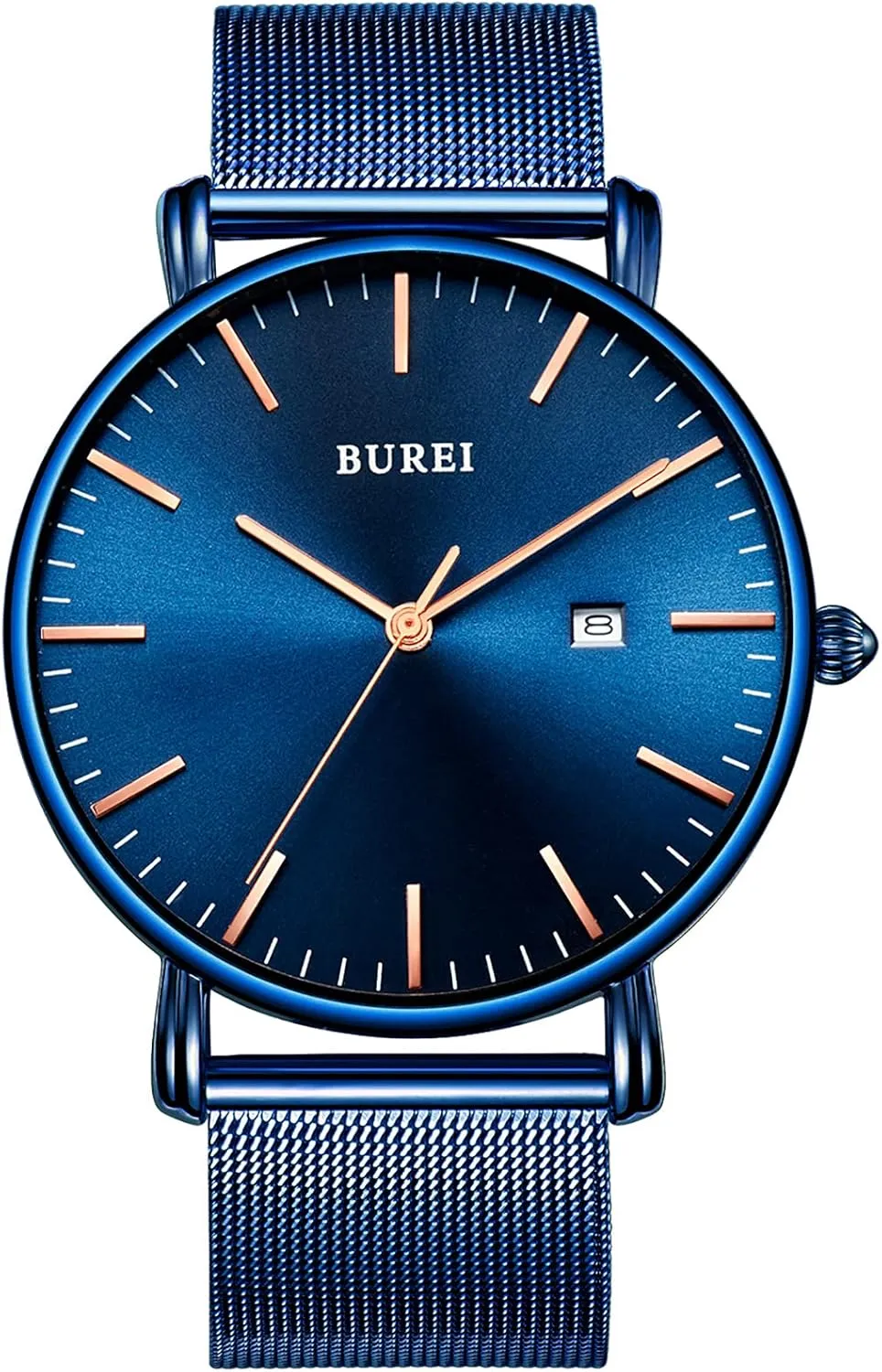 BUREI Men Watches Brown Leather Fashion Minimalist Wrist Watch Simple Ultra Thin Waterproof Quartz Watches All Black Stainless Steel Mesh Band,Gift for Men Women