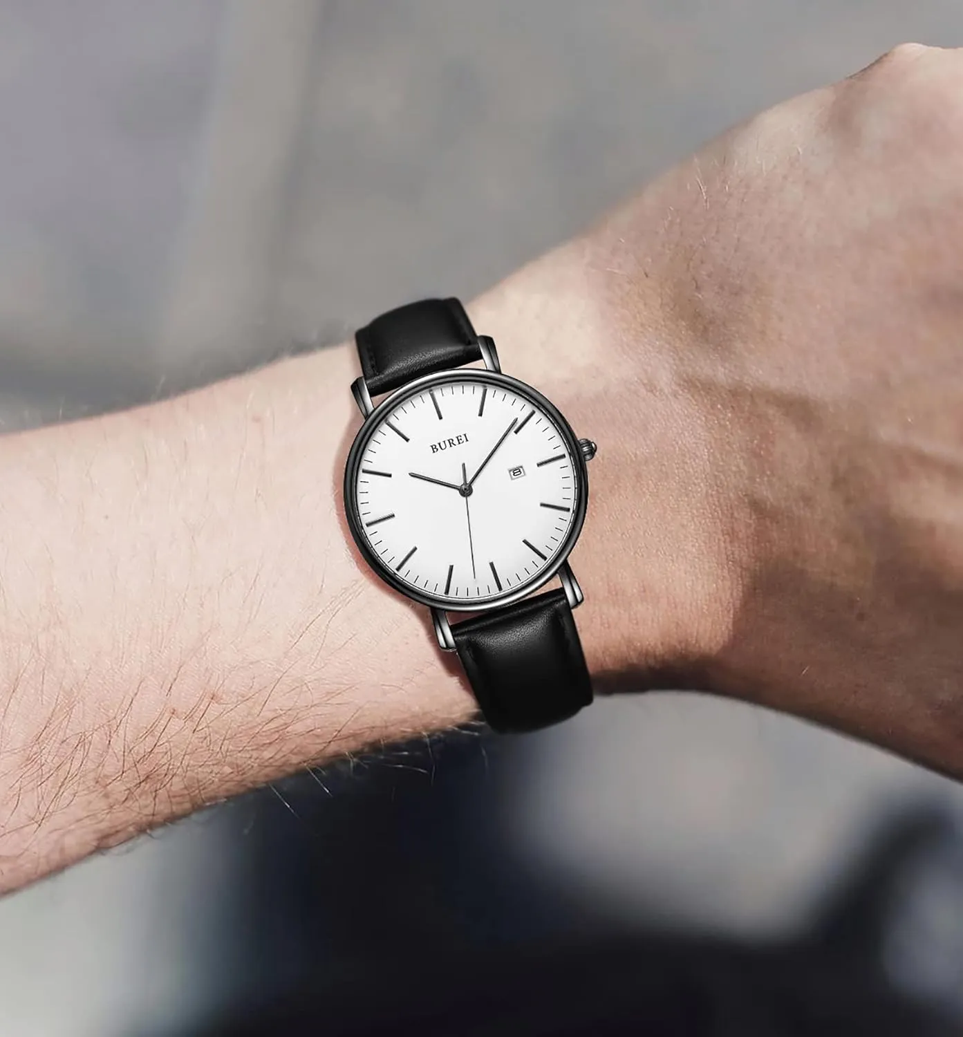 BUREI Men Watches Brown Leather Fashion Minimalist Wrist Watch Simple Ultra Thin Waterproof Quartz Watches All Black Stainless Steel Mesh Band,Gift for Men Women