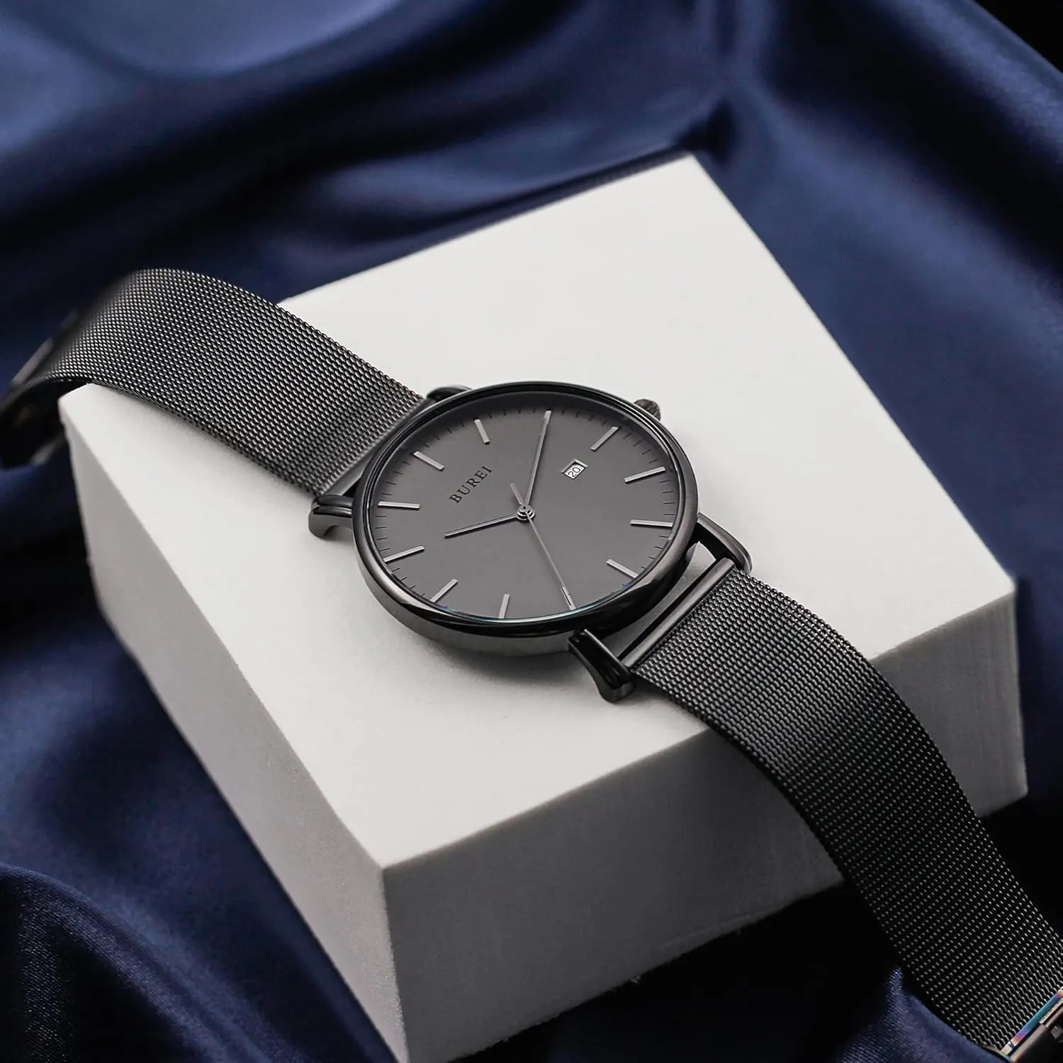 BUREI Men Watches Brown Leather Fashion Minimalist Wrist Watch Simple Ultra Thin Waterproof Quartz Watches All Black Stainless Steel Mesh Band,Gift for Men Women