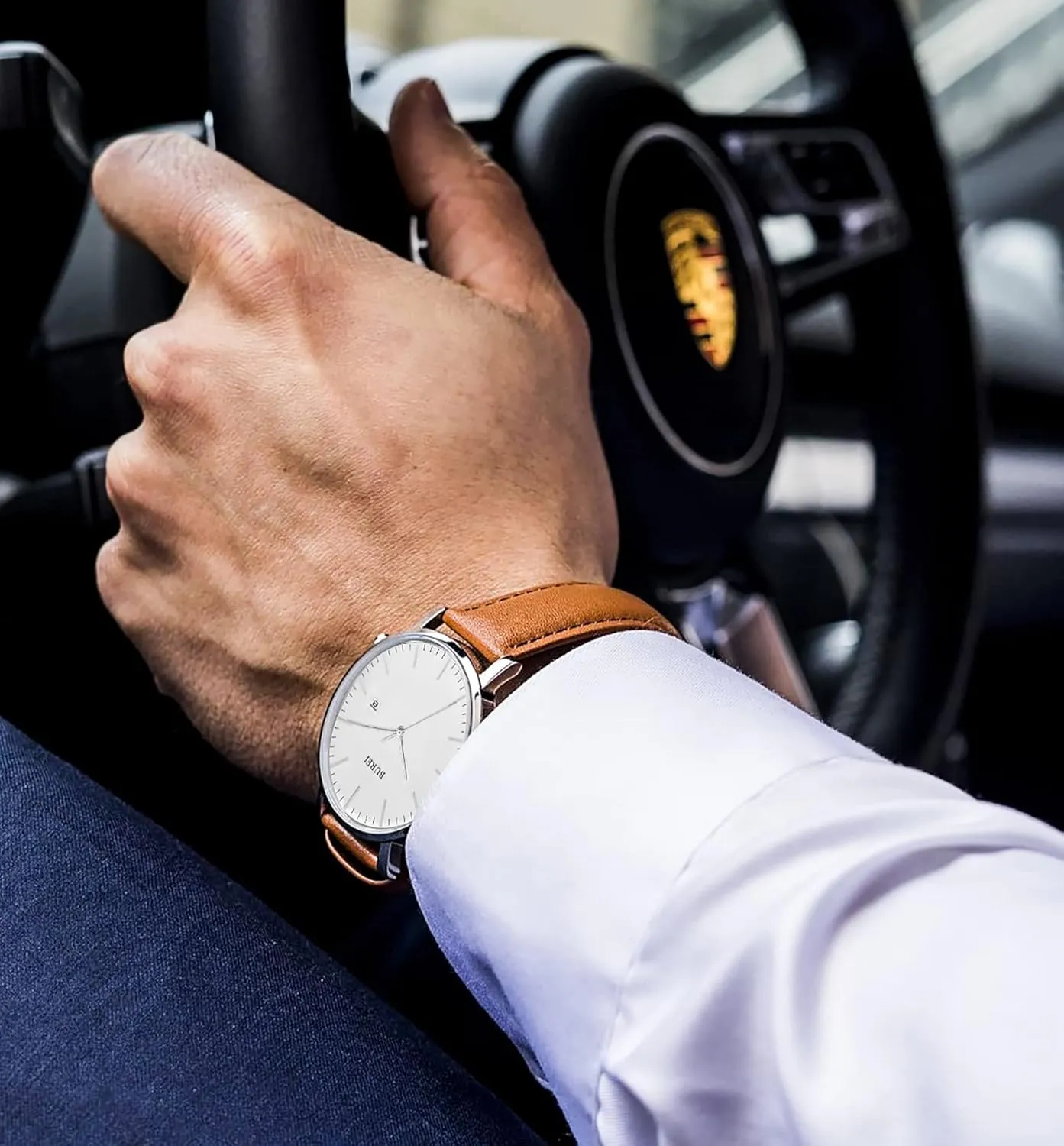 BUREI Men Watches Brown Leather Fashion Minimalist Wrist Watch Simple Ultra Thin Waterproof Quartz Watches All Black Stainless Steel Mesh Band,Gift for Men Women