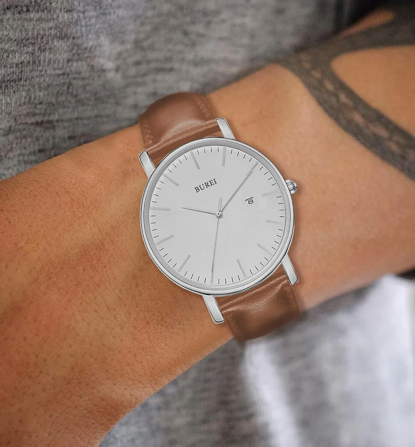BUREI Men Watches Brown Leather Fashion Minimalist Wrist Watch Simple Ultra Thin Waterproof Quartz Watches All Black Stainless Steel Mesh Band,Gift for Men Women