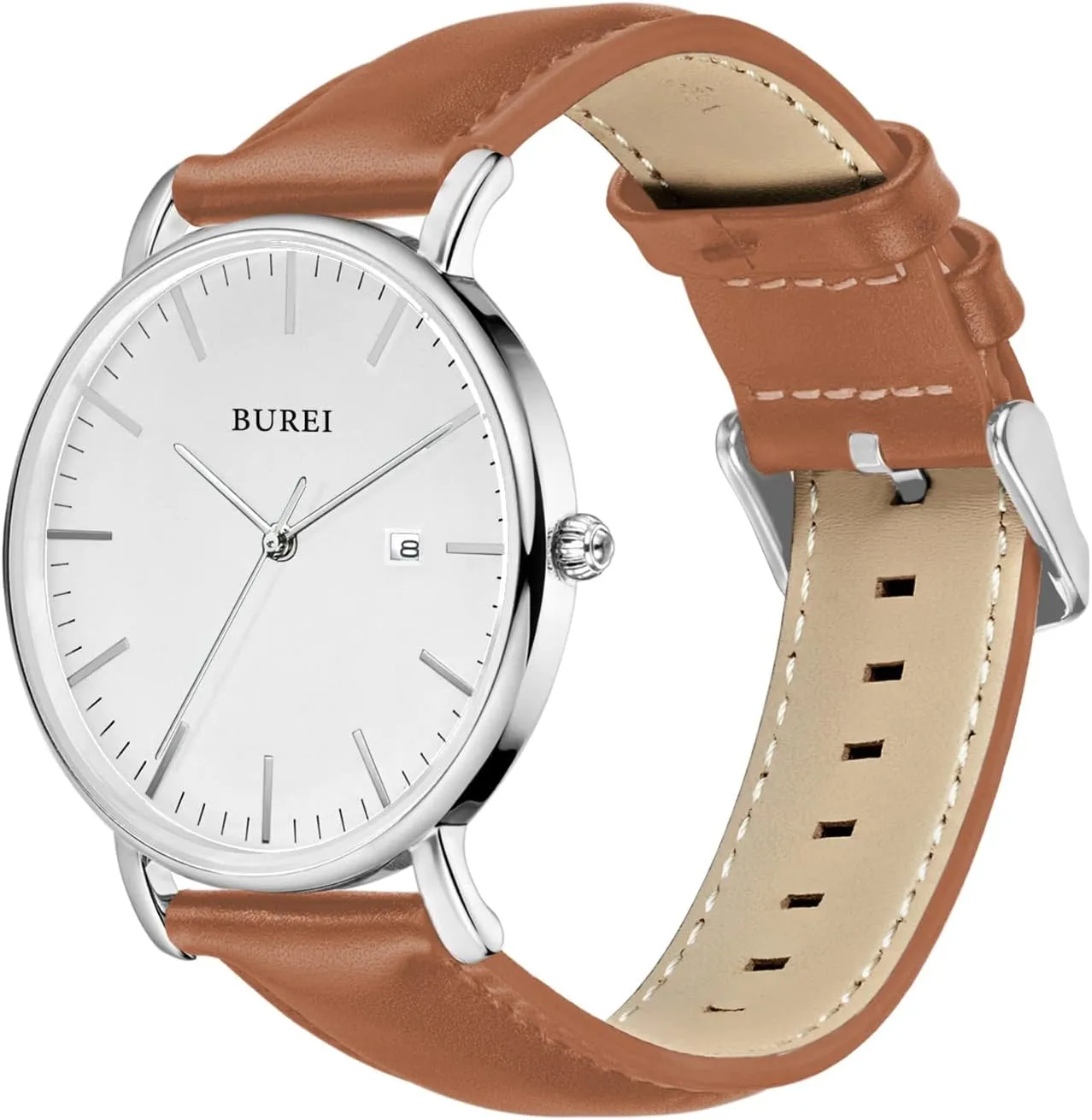 BUREI Men Watches Brown Leather Fashion Minimalist Wrist Watch Simple Ultra Thin Waterproof Quartz Watches All Black Stainless Steel Mesh Band,Gift for Men Women