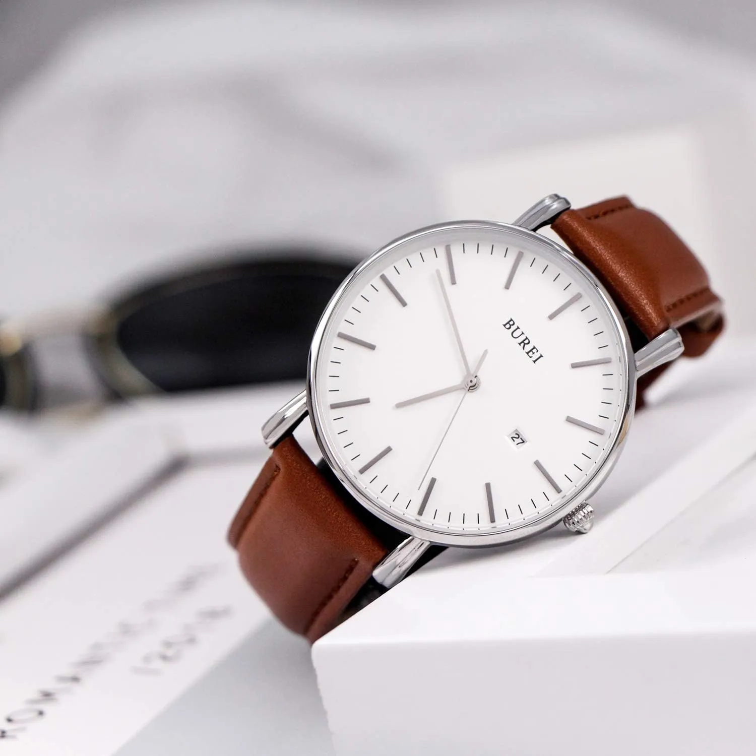 BUREI Men Watches Brown Leather Fashion Minimalist Wrist Watch Simple Ultra Thin Waterproof Quartz Watches All Black Stainless Steel Mesh Band,Gift for Men Women