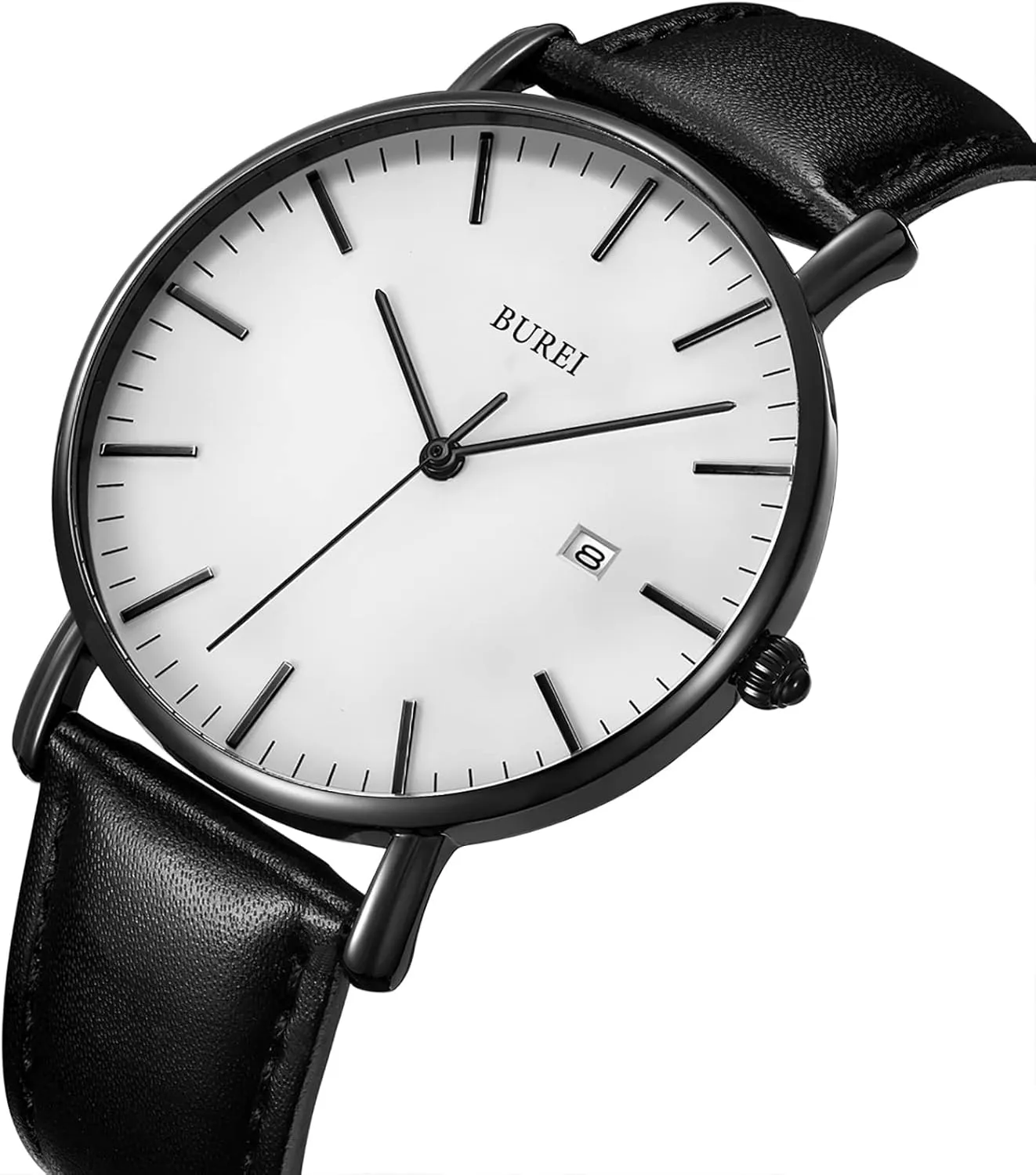 BUREI Men Watches Brown Leather Fashion Minimalist Wrist Watch Simple Ultra Thin Waterproof Quartz Watches All Black Stainless Steel Mesh Band,Gift for Men Women