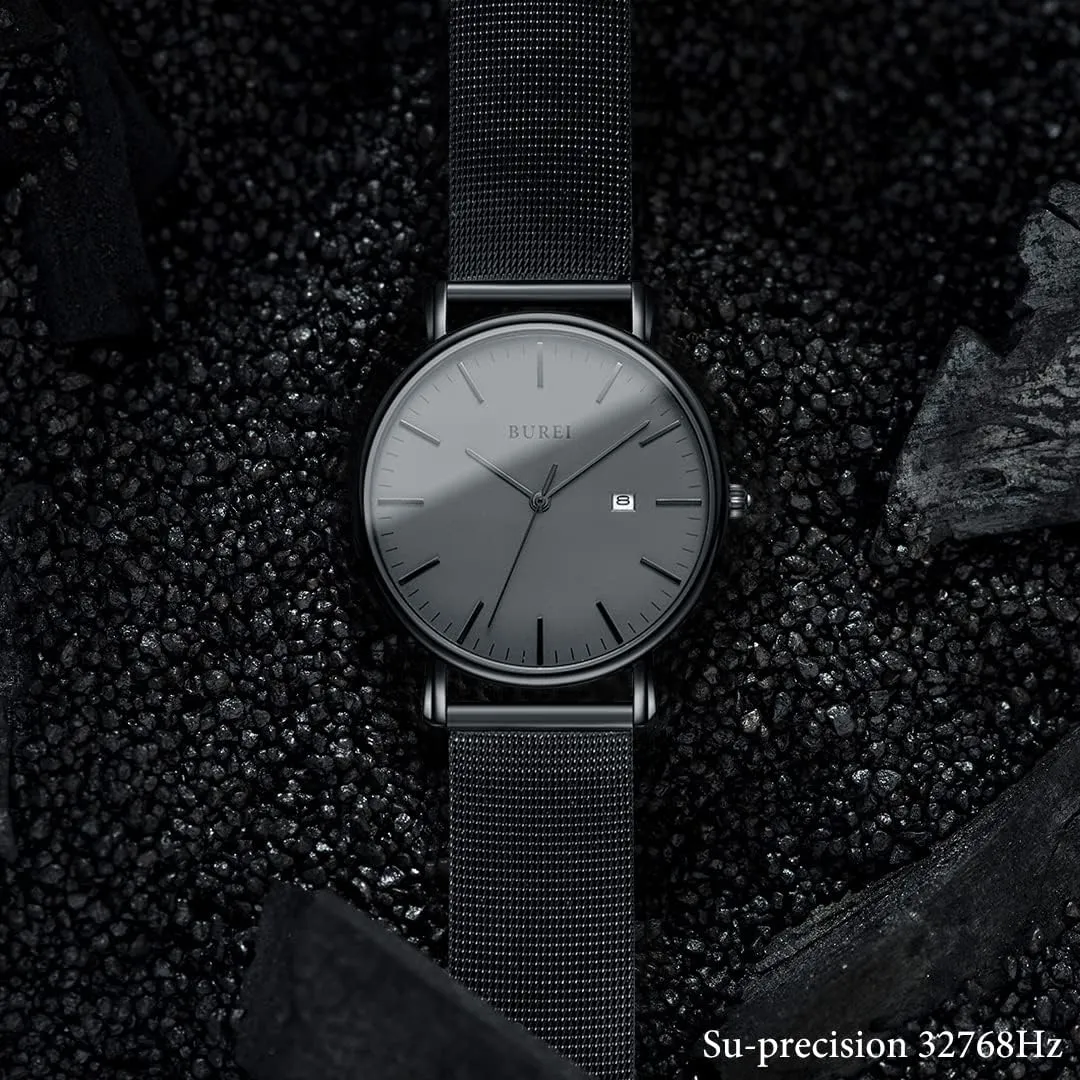 BUREI Men Watches Brown Leather Fashion Minimalist Wrist Watch Simple Ultra Thin Waterproof Quartz Watches All Black Stainless Steel Mesh Band,Gift for Men Women