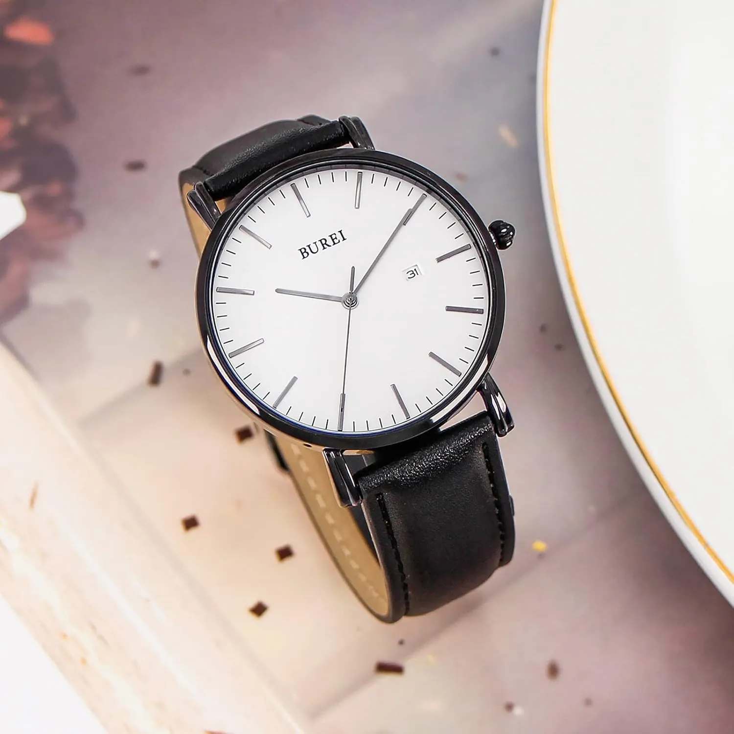 BUREI Men Watches Brown Leather Fashion Minimalist Wrist Watch Simple Ultra Thin Waterproof Quartz Watches All Black Stainless Steel Mesh Band,Gift for Men Women