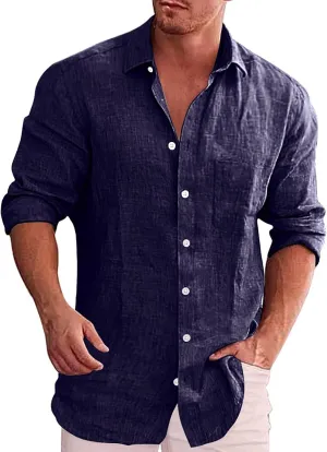 Button Down Linen Shirts for Men Casual Long Sleeve Regular Fit Cotton Beach Tops with Pocket Summer Vacation T-Shirt
