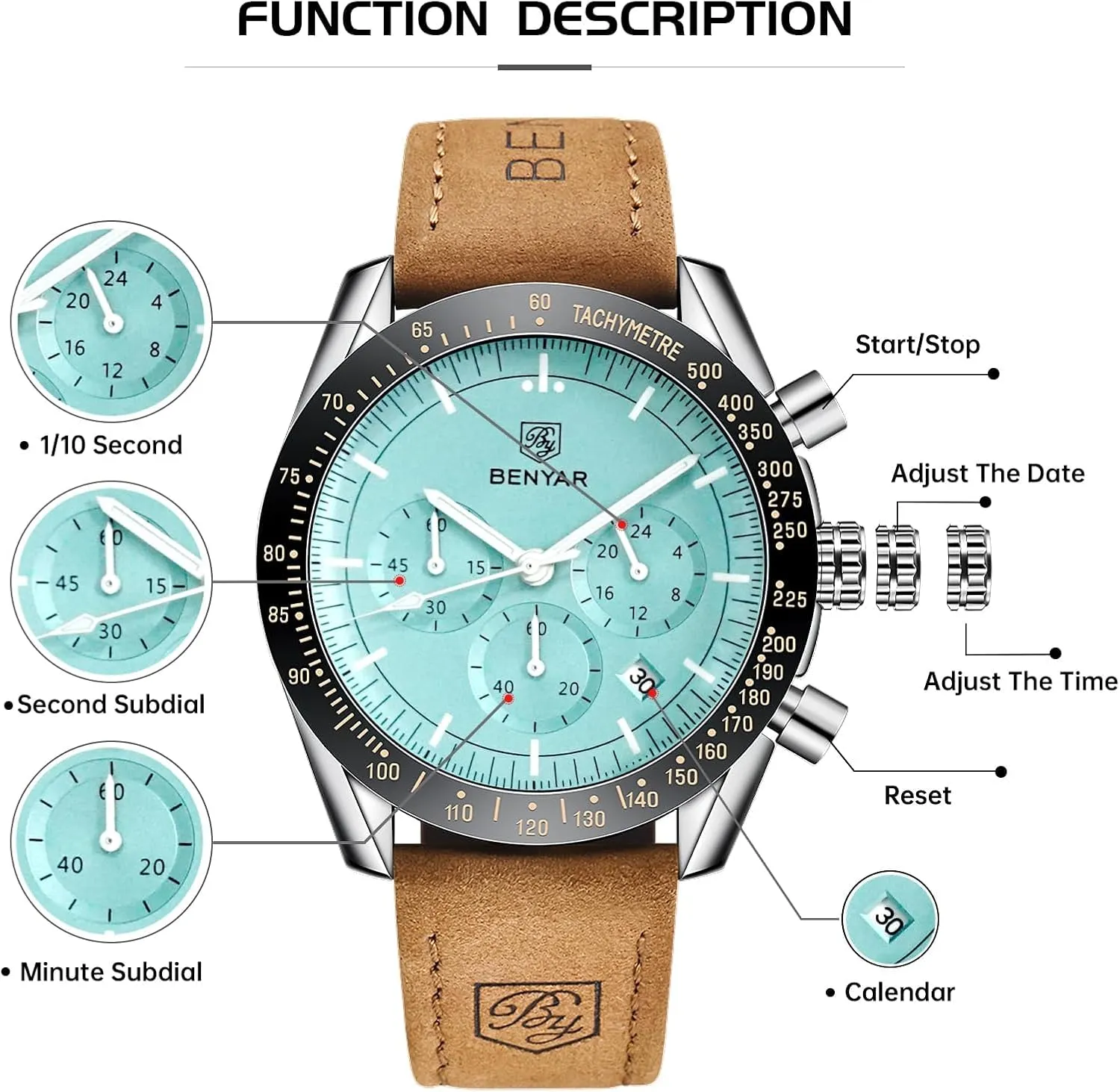BY BENYAR Mens Watches Analog Quartz Chronograph Waterproof Men's Wrist Watches Business Casual Fashion Classic Designer Elegant Dress Watch with Calendar Leather/Stainless Steel Strap Gifts for Men