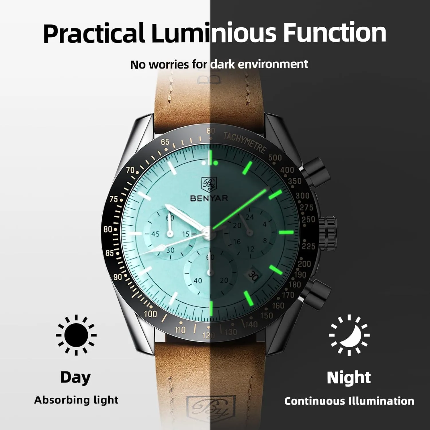 BY BENYAR Mens Watches Analog Quartz Chronograph Waterproof Men's Wrist Watches Business Casual Fashion Classic Designer Elegant Dress Watch with Calendar Leather/Stainless Steel Strap Gifts for Men
