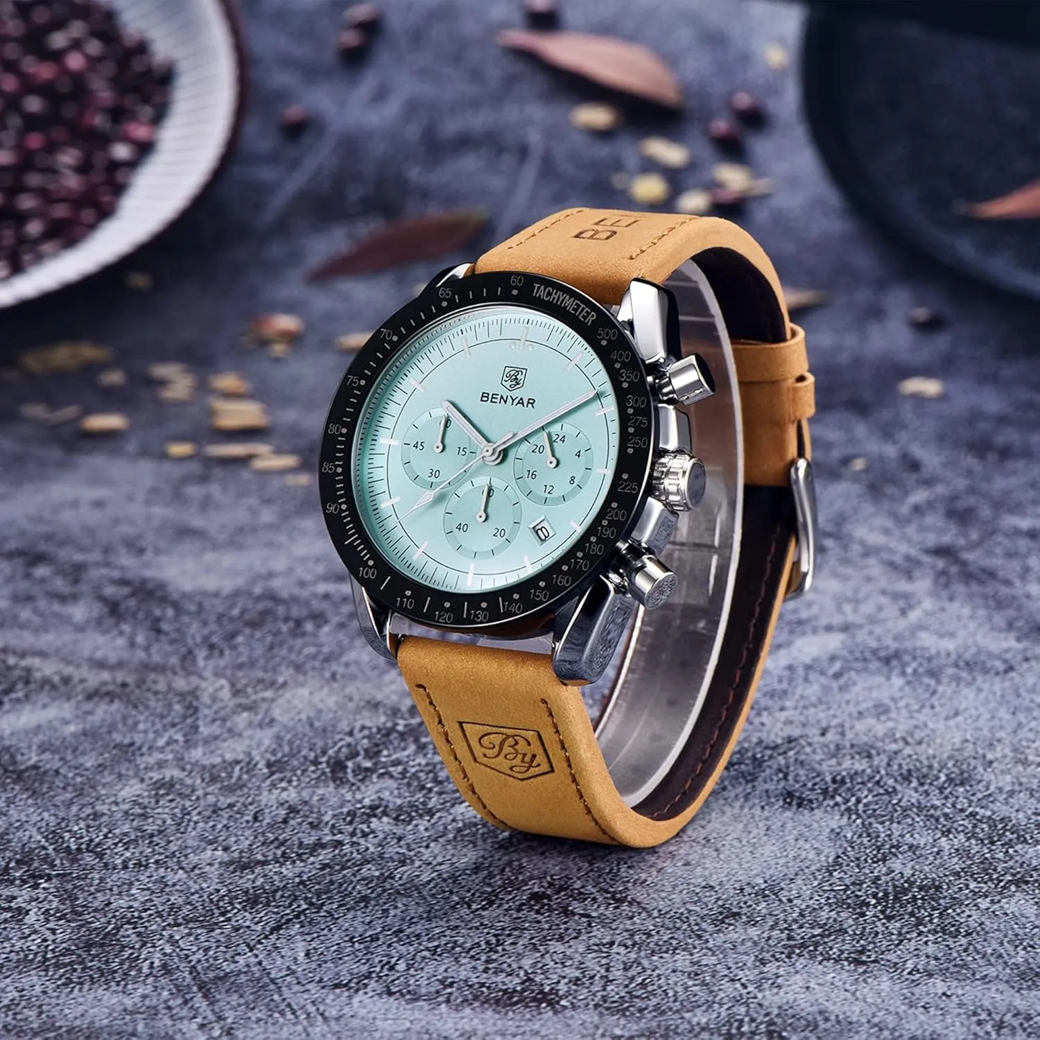 BY BENYAR Mens Watches Analog Quartz Chronograph Waterproof Men's Wrist Watches Business Casual Fashion Classic Designer Elegant Dress Watch with Calendar Leather/Stainless Steel Strap Gifts for Men