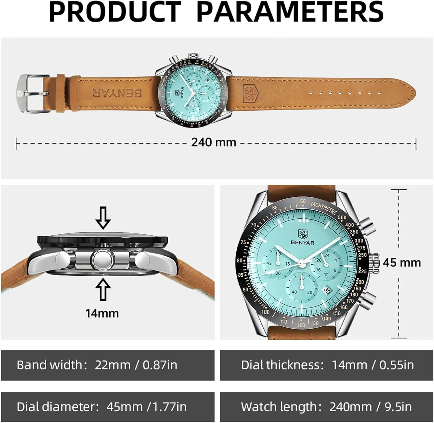 BY BENYAR Mens Watches Analog Quartz Chronograph Waterproof Men's Wrist Watches Business Casual Fashion Classic Designer Elegant Dress Watch with Calendar Leather/Stainless Steel Strap Gifts for Men