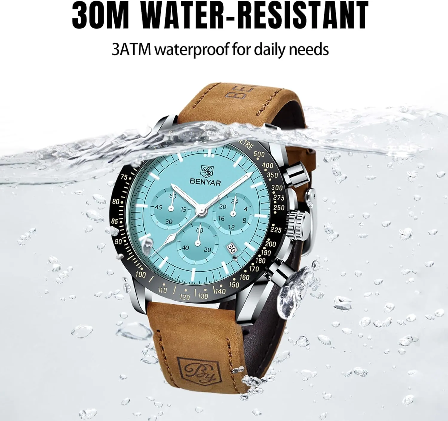 BY BENYAR Mens Watches Analog Quartz Chronograph Waterproof Men's Wrist Watches Business Casual Fashion Classic Designer Elegant Dress Watch with Calendar Leather/Stainless Steel Strap Gifts for Men