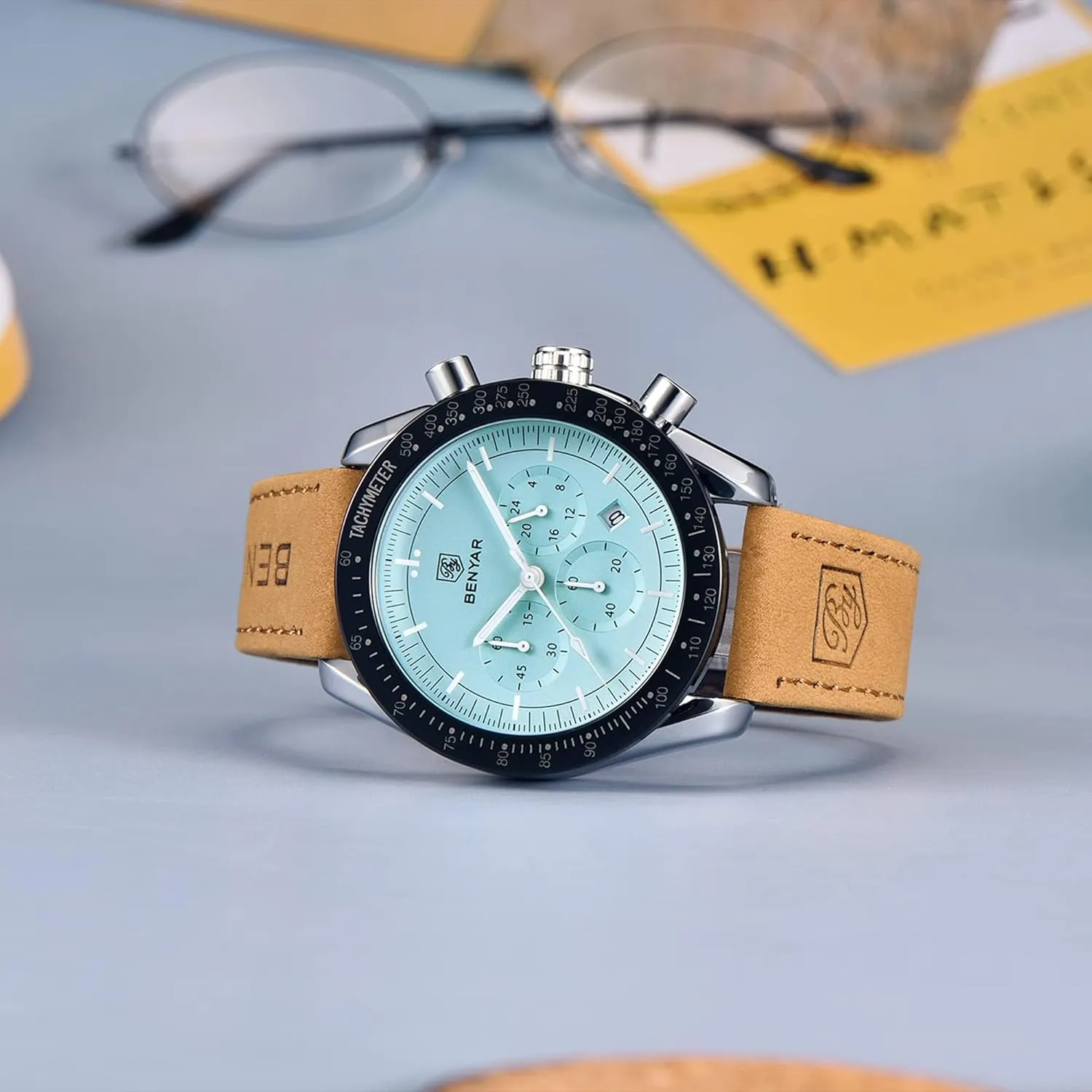 BY BENYAR Mens Watches Analog Quartz Chronograph Waterproof Men's Wrist Watches Business Casual Fashion Classic Designer Elegant Dress Watch with Calendar Leather/Stainless Steel Strap Gifts for Men