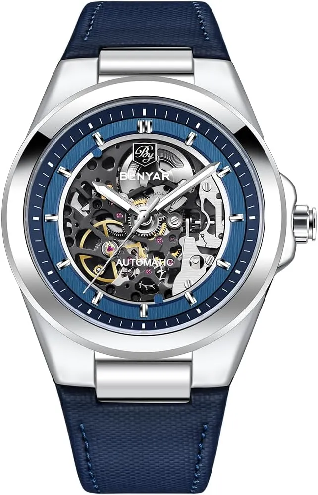 BY5207 Men's Skeleton Automatic Watches Fashion Sport Self Winding Wrist Watch Leather Strap 50M Waterproof Hollow Mechanical Wristwatch
