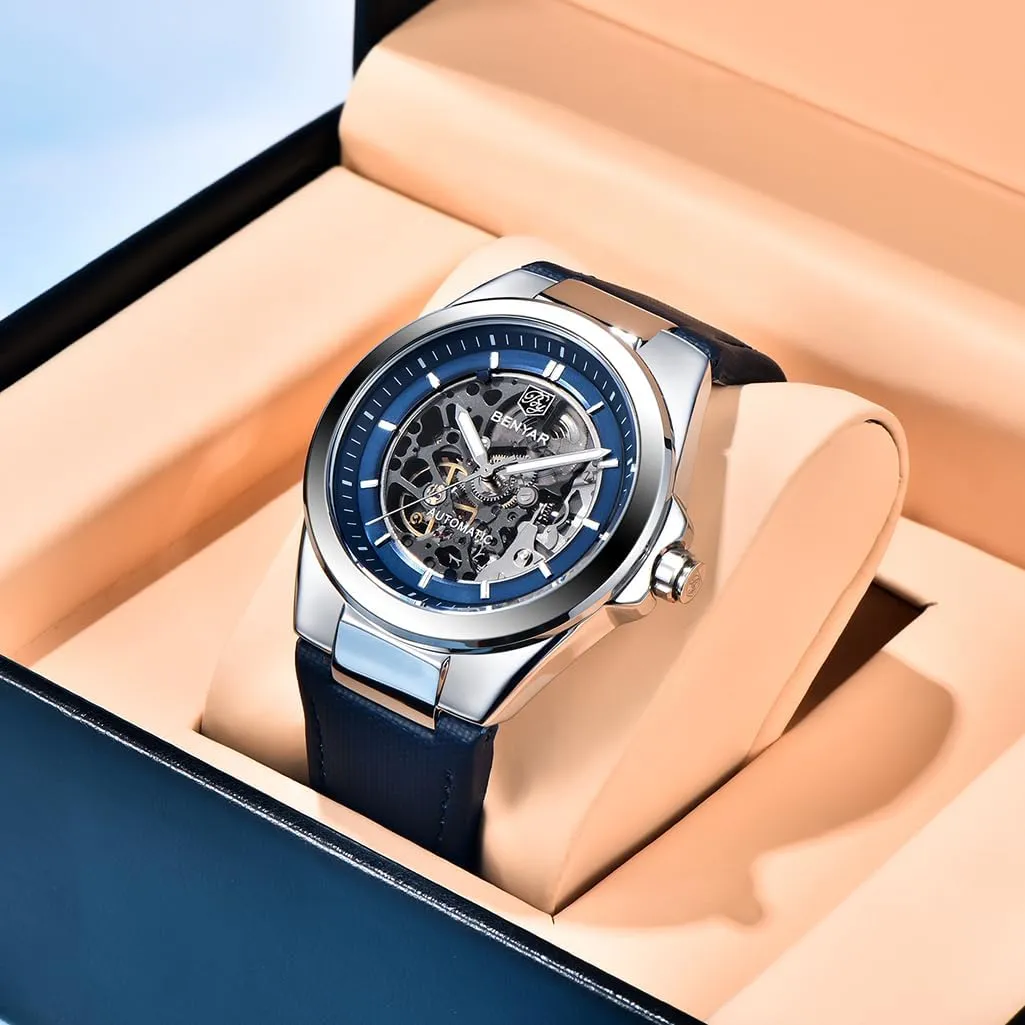 BY5207 Men's Skeleton Automatic Watches Fashion Sport Self Winding Wrist Watch Leather Strap 50M Waterproof Hollow Mechanical Wristwatch