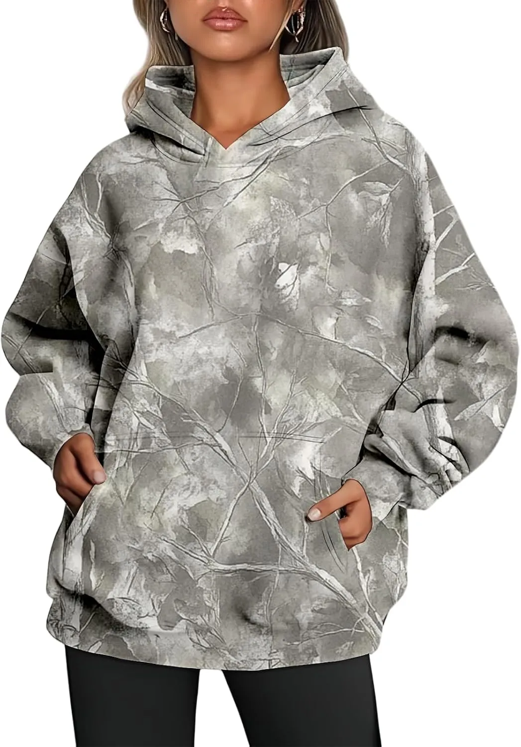 Camo Hoodie Womens Maple Leaf Print Oversized Hooded Sweatshirt Pullover Loose Casual Top Workout Athletic Hoodies