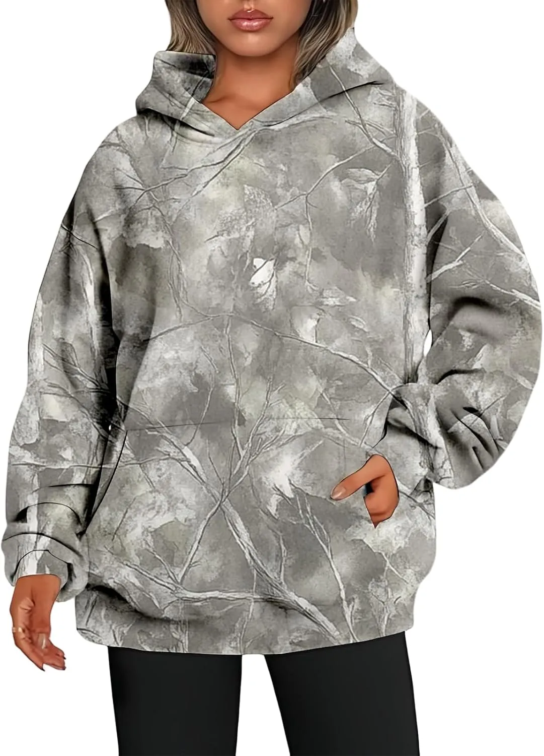 Camo Hoodie Womens Maple Leaf Print Oversized Hooded Sweatshirt Pullover Loose Casual Top Workout Athletic Hoodies
