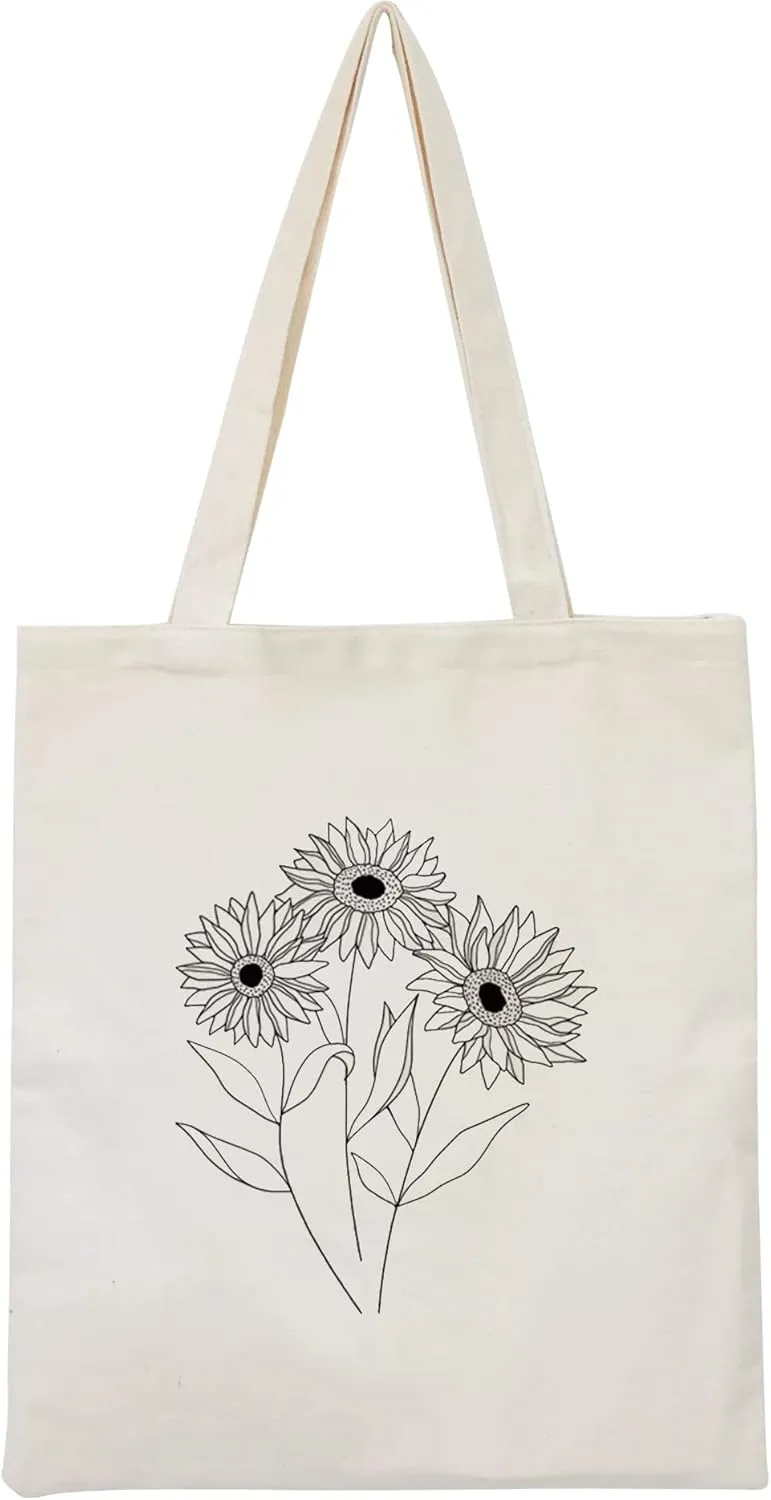 Canvas Floral Botanical Tote Bag for Women Teacher, Reusable Grocery Bags, Cute Cat Tote Bags Aesthetic for Shopping