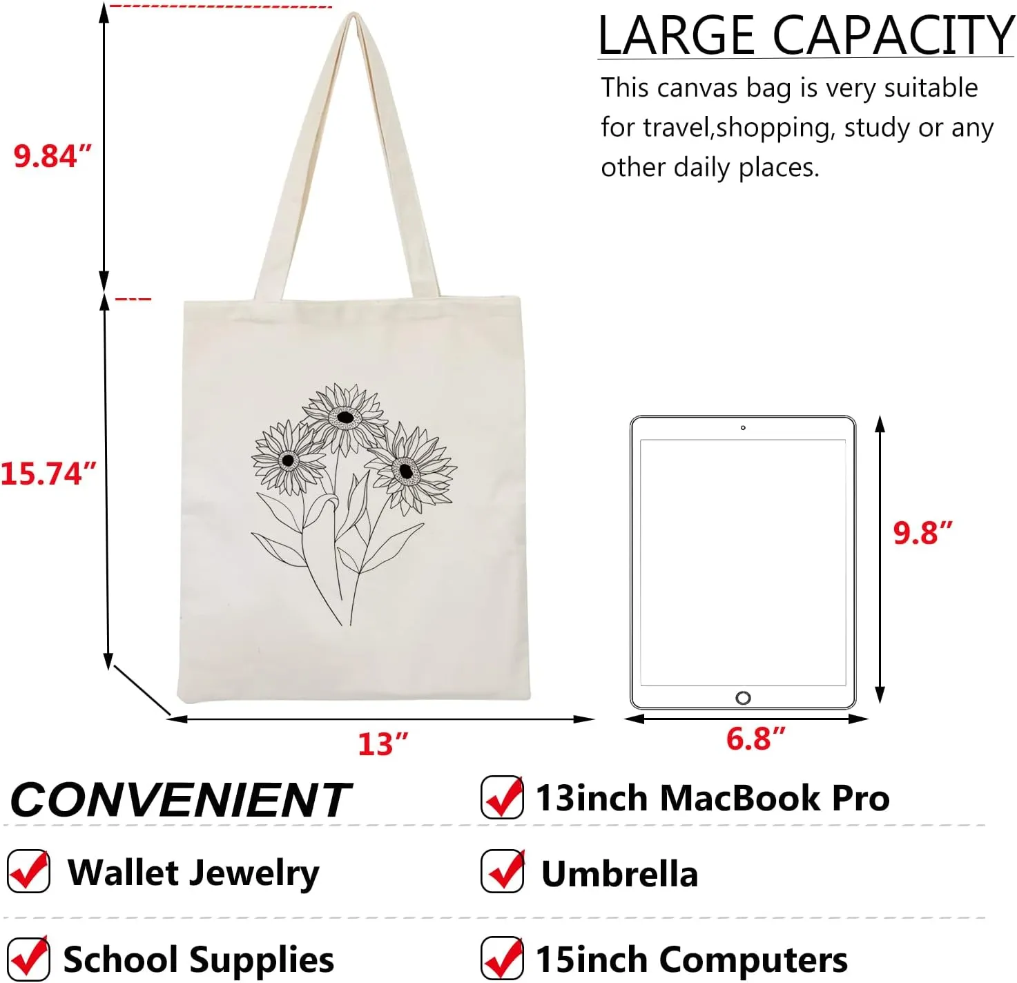Canvas Floral Botanical Tote Bag for Women Teacher, Reusable Grocery Bags, Cute Cat Tote Bags Aesthetic for Shopping