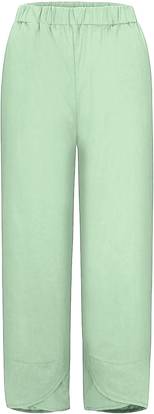 Capri Pants for Women Cotton Linen Wide Leg Capris Womens Summer Cropped Pants Beach Elastic Waist Baggy Crop Trousers