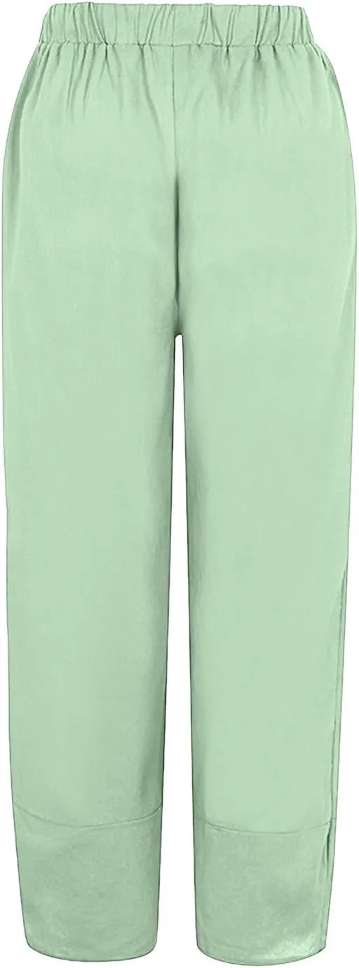 Capri Pants for Women Cotton Linen Wide Leg Capris Womens Summer Cropped Pants Beach Elastic Waist Baggy Crop Trousers