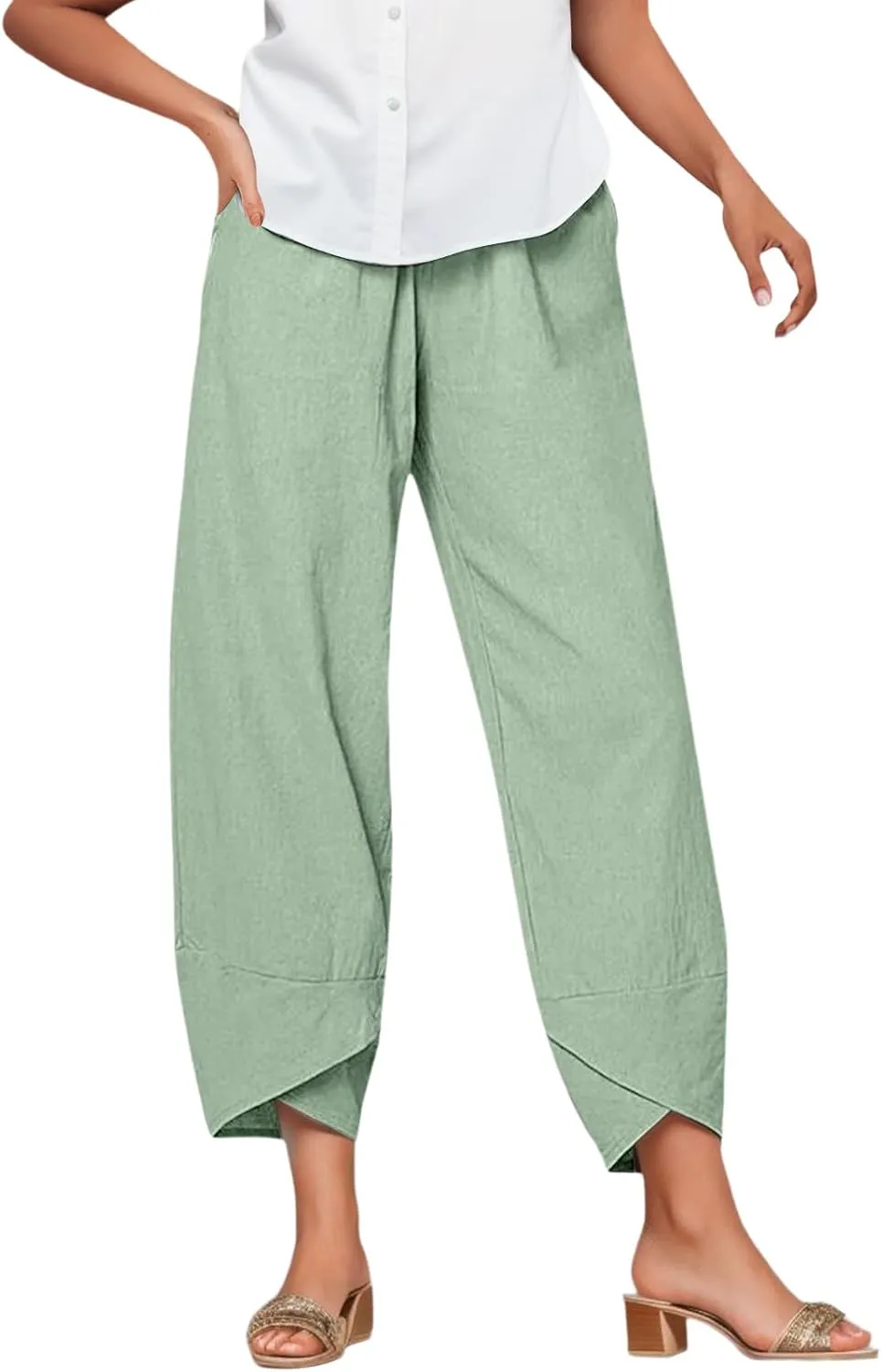 Capri Pants for Women Cotton Linen Wide Leg Capris Womens Summer Cropped Pants Beach Elastic Waist Baggy Crop Trousers