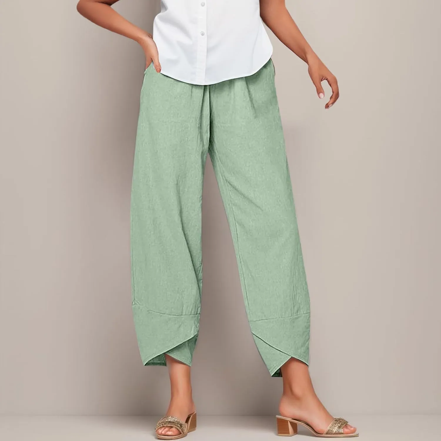 Capri Pants for Women Cotton Linen Wide Leg Capris Womens Summer Cropped Pants Beach Elastic Waist Baggy Crop Trousers