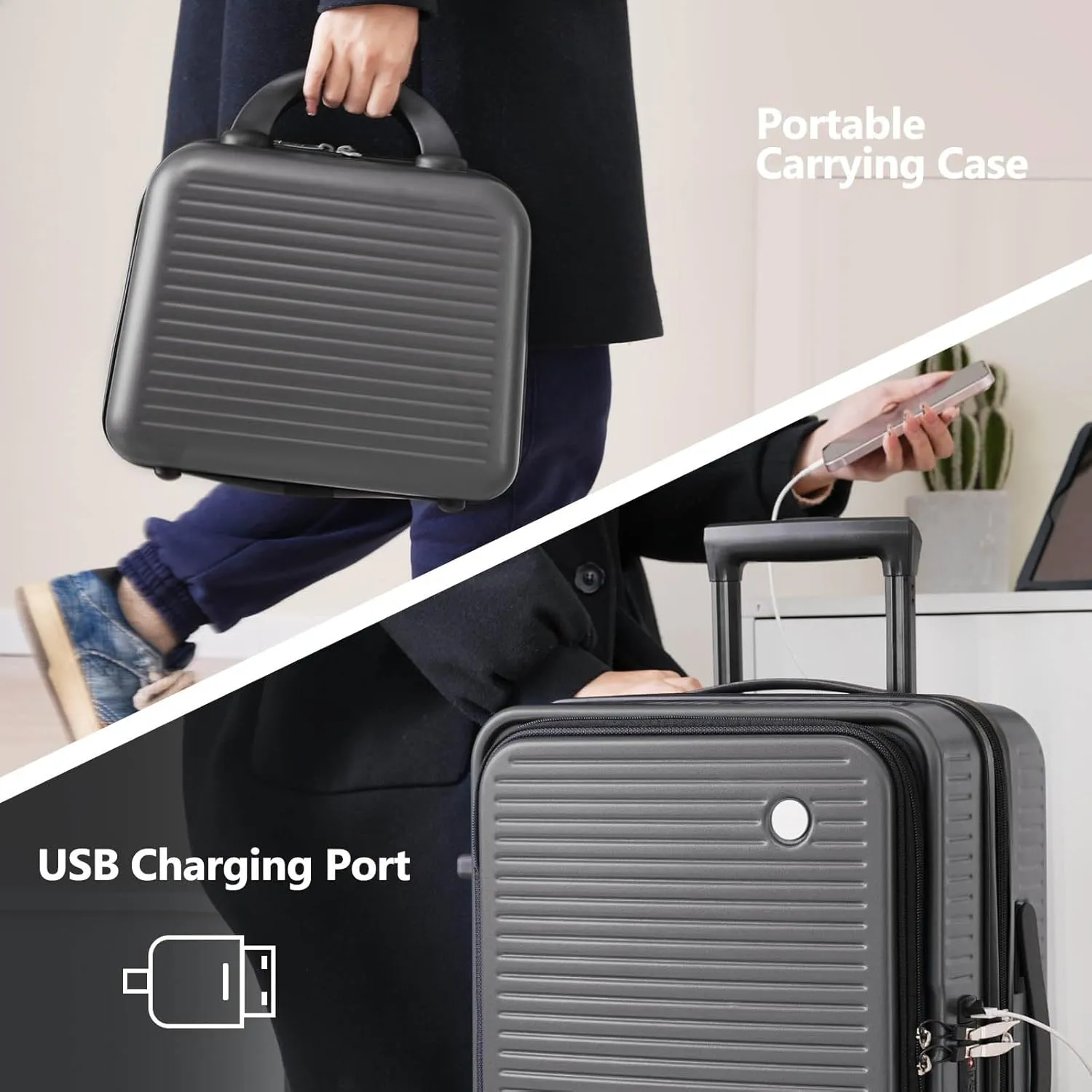 Carry On Luggage, 20 Inch Front Open Luggage with Front Pocket, Lightweight Suitcase with USB Port & Portable Carrying Case, Hardside Expandable with Spinner Wheels & TSA lock (Gray)