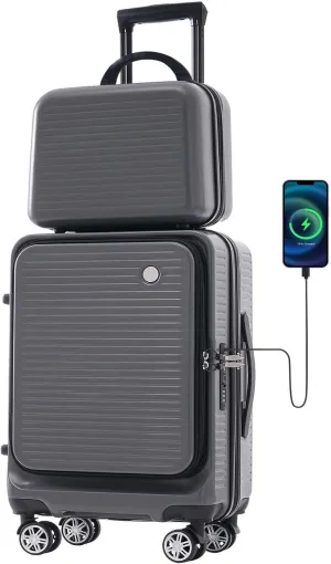Carry On Luggage, 20 Inch Front Open Luggage with Front Pocket, Lightweight Suitcase with USB Port & Portable Carrying Case, Hardside Expandable with Spinner Wheels & TSA lock (Gray)