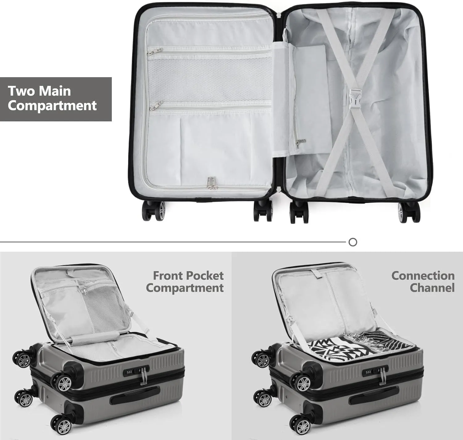 Carry On Luggage, 20 Inch Front Open Luggage with Front Pocket, Lightweight Suitcase with USB Port & Portable Carrying Case, Hardside Expandable with Spinner Wheels & TSA lock (Gray)