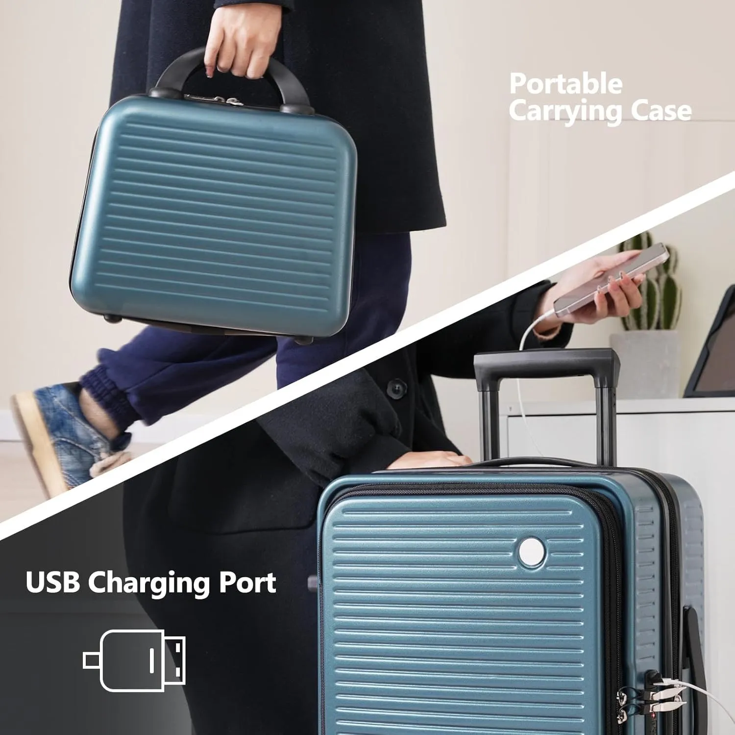 Carry On Luggage, 20 Inch Front Open Luggage with Front Pocket, Lightweight Suitcase with USB Port & Portable Carrying Case, Hardside Expandable with Spinner Wheels & TSA lock (Peacock Blue)