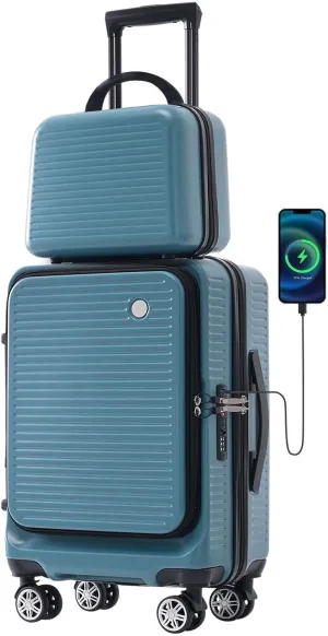 Carry On Luggage, 20 Inch Front Open Luggage with Front Pocket, Lightweight Suitcase with USB Port & Portable Carrying Case, Hardside Expandable with Spinner Wheels & TSA lock (Peacock Blue)