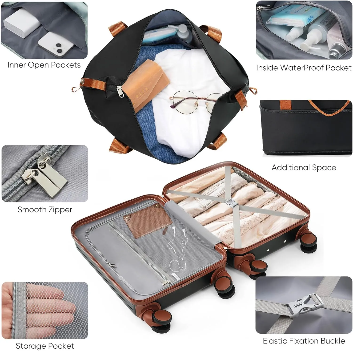 Carry-On Luggage with USB Port, Suitcases with Wheels, 20" Luggage Sets with Expandable Travel Bag and Cup Holder, Suitcase with ABS Lock, Airline Approved Carryon Suitcase for Women, Men, (Black)