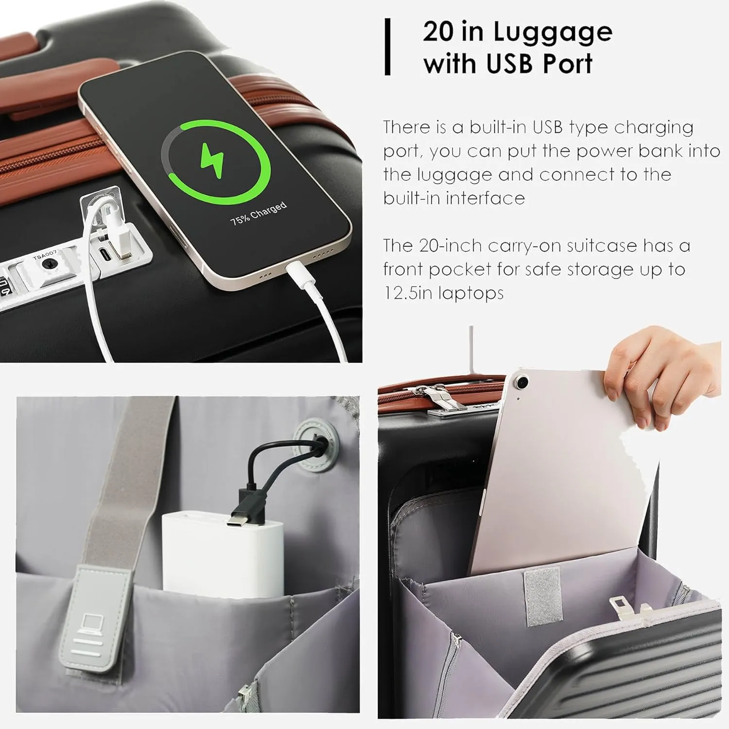Carry-On Luggage with USB Port, Suitcases with Wheels, 20" Luggage Sets with Expandable Travel Bag and Cup Holder, Suitcase with ABS Lock, Airline Approved Carryon Suitcase for Women, Men, (Black)